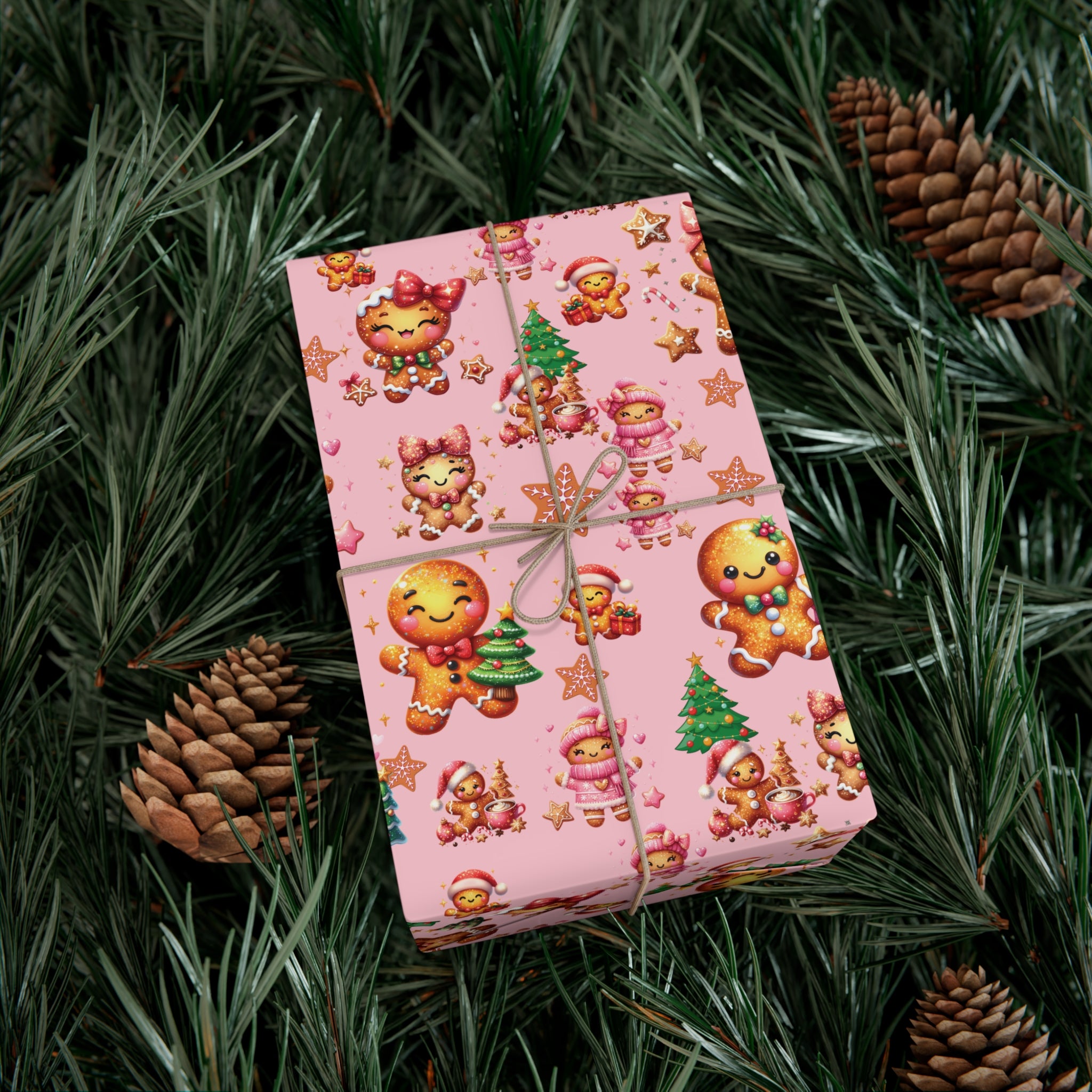 Pink gift box with gingerbread man and tree design on a green leafy background