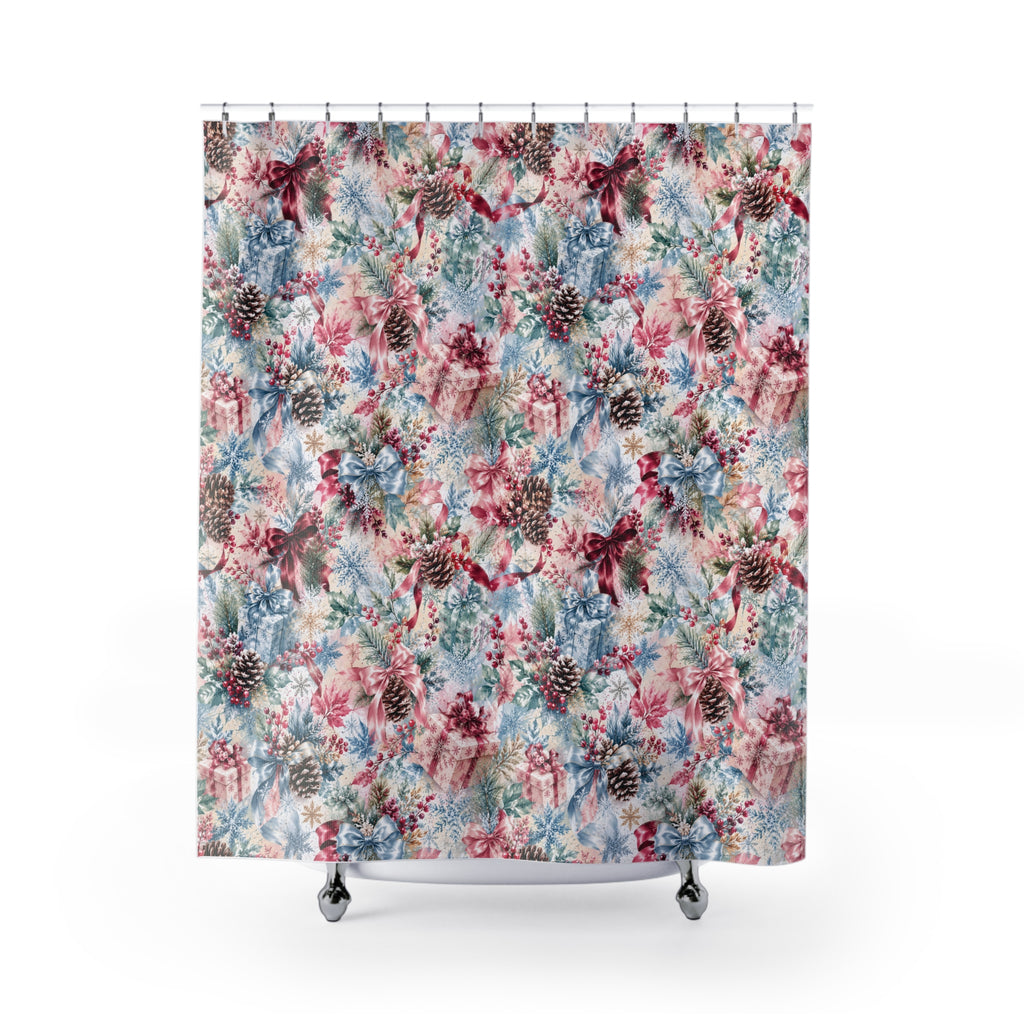 Winter Pinecone Pattern Shower Curtain | Holiday Snowflake Bathroom Decor Icy blues and Pinks