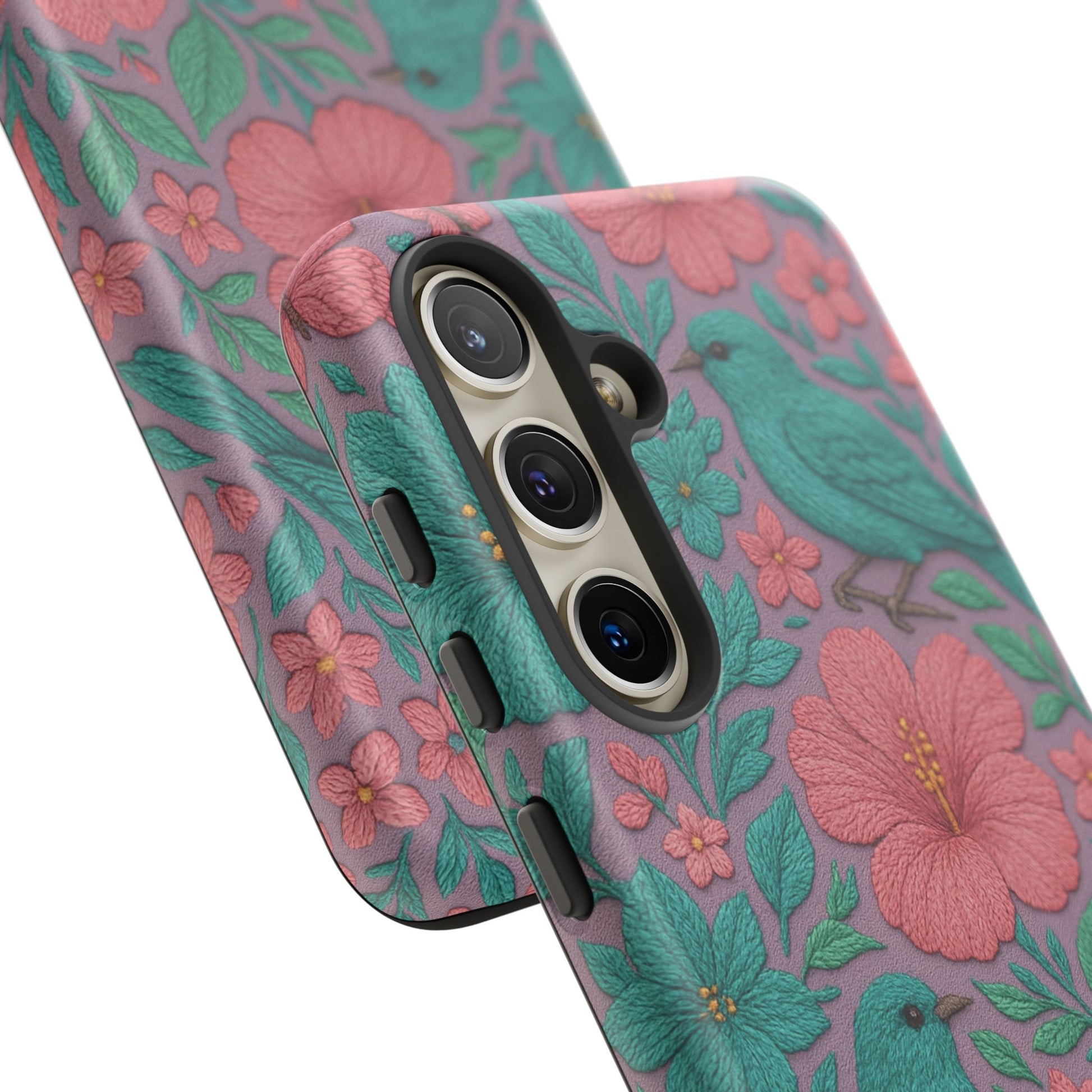 Turquoise, Pink and Lavender 3D Embroidery Illusion Phone Case Tropical Flowers, Birds & Butterflies Cover with Bold, Realistic Floral Texture iPhone, Samsung