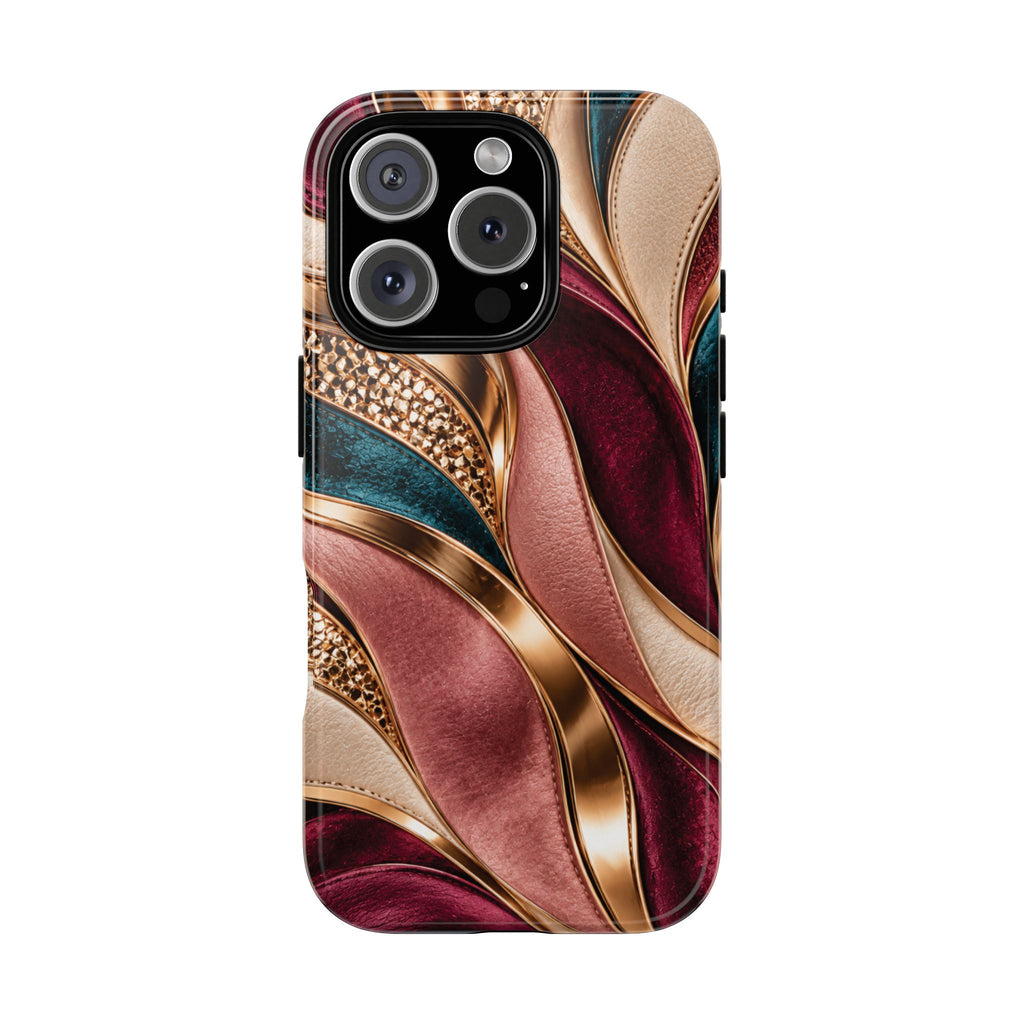Lux Marble Waves Phone Case Metallic Burgundy, Teal Gold Protective Cover iPhone 18