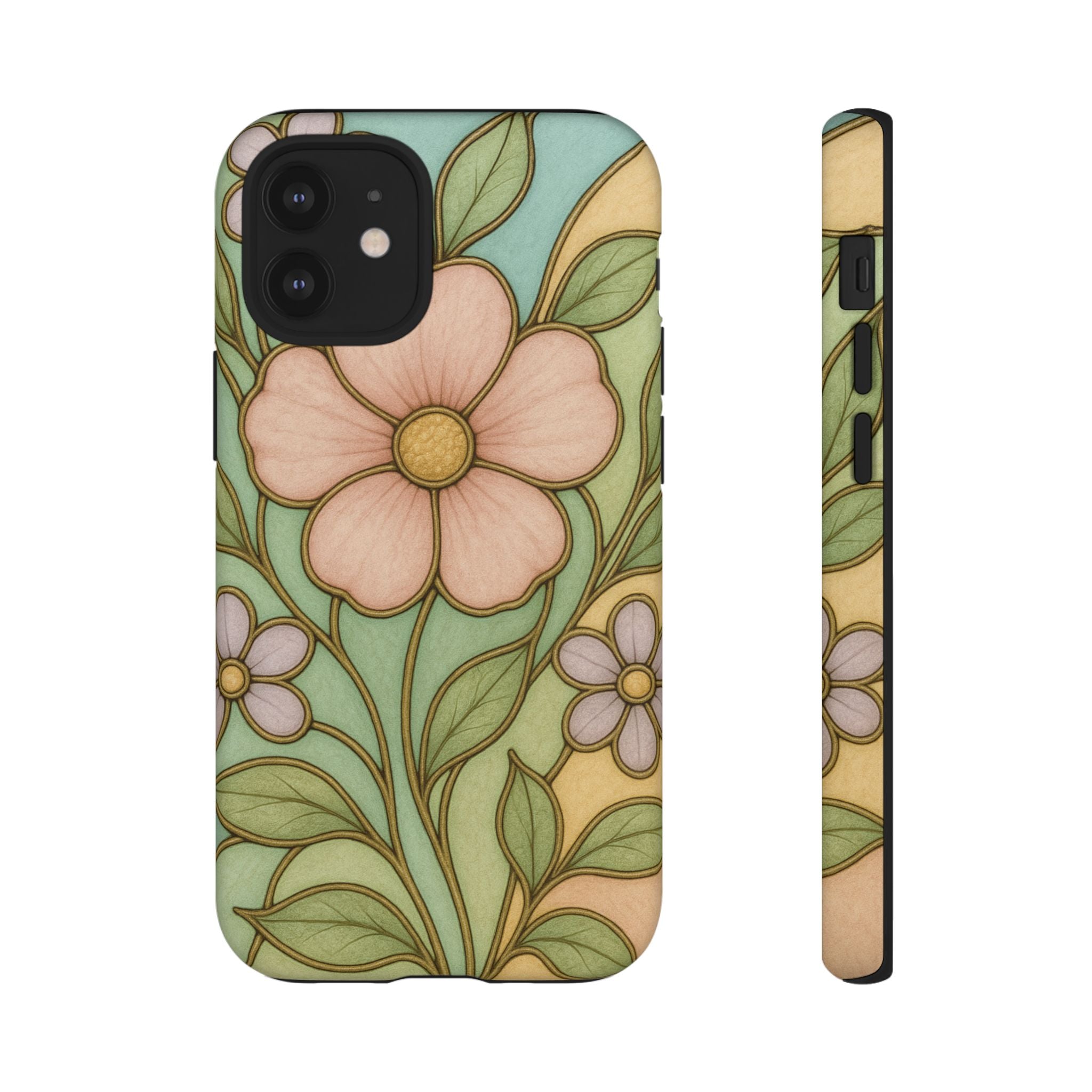 Pastel Pink, Yellow Stain Glass Illusion Floral Phone Case  Romantic Cottagecore Aesthetic, Soft Botanical Design, Protective Gift for Her, Fits iPhone & Samsung Models