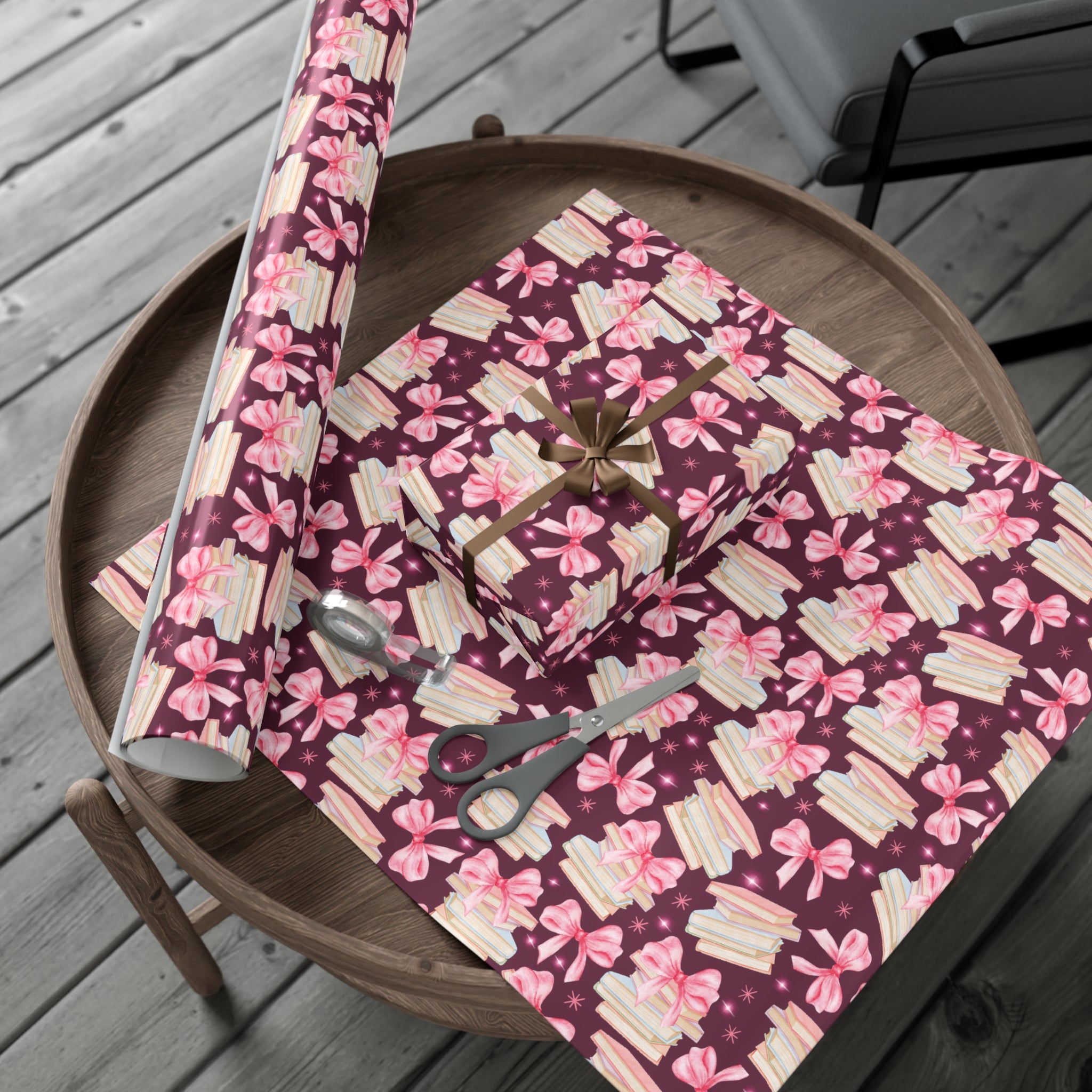 Coquette Pink Bows Books Plum Wrapping Paper Festive Holiday Gift Wrap with Perfect for Christmas Presents, Crafting, & Holiday Decor – Premium Quality - MRSBYVALLE
