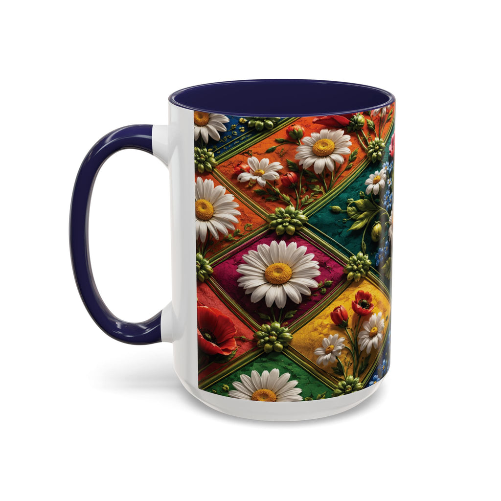 Floral Patchwork Accent Coffee Mug — Colorful Poppies & Daisies (11/15oz) 3D Illusion