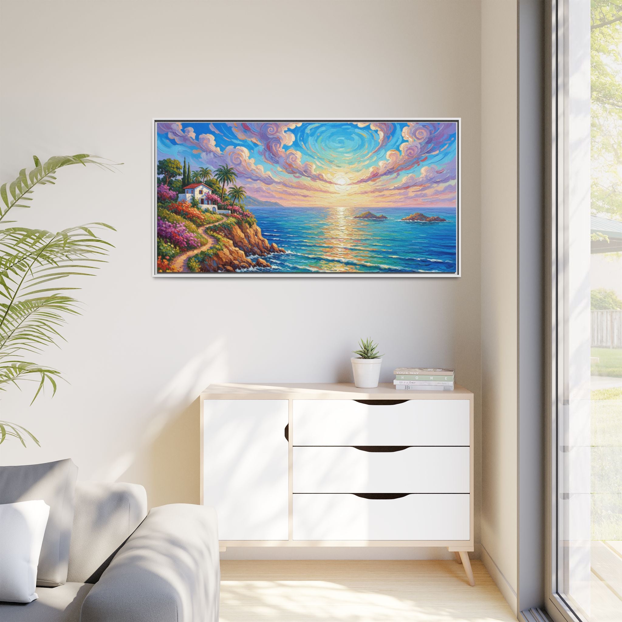 Toile imprimée florale océanique | Décoration murale colorée et lumineuse de paysage marin, œuvre d'art de bureau encadrée et mate