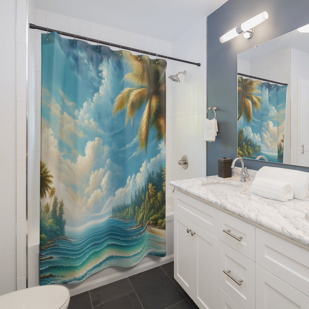 Tropical Paradise Beach Ocean View Shower Curtain Transform Your Bathroom into a Coastal Retreat Home Perfect Housewarming New House Gift Newlywed Wedding Gift.