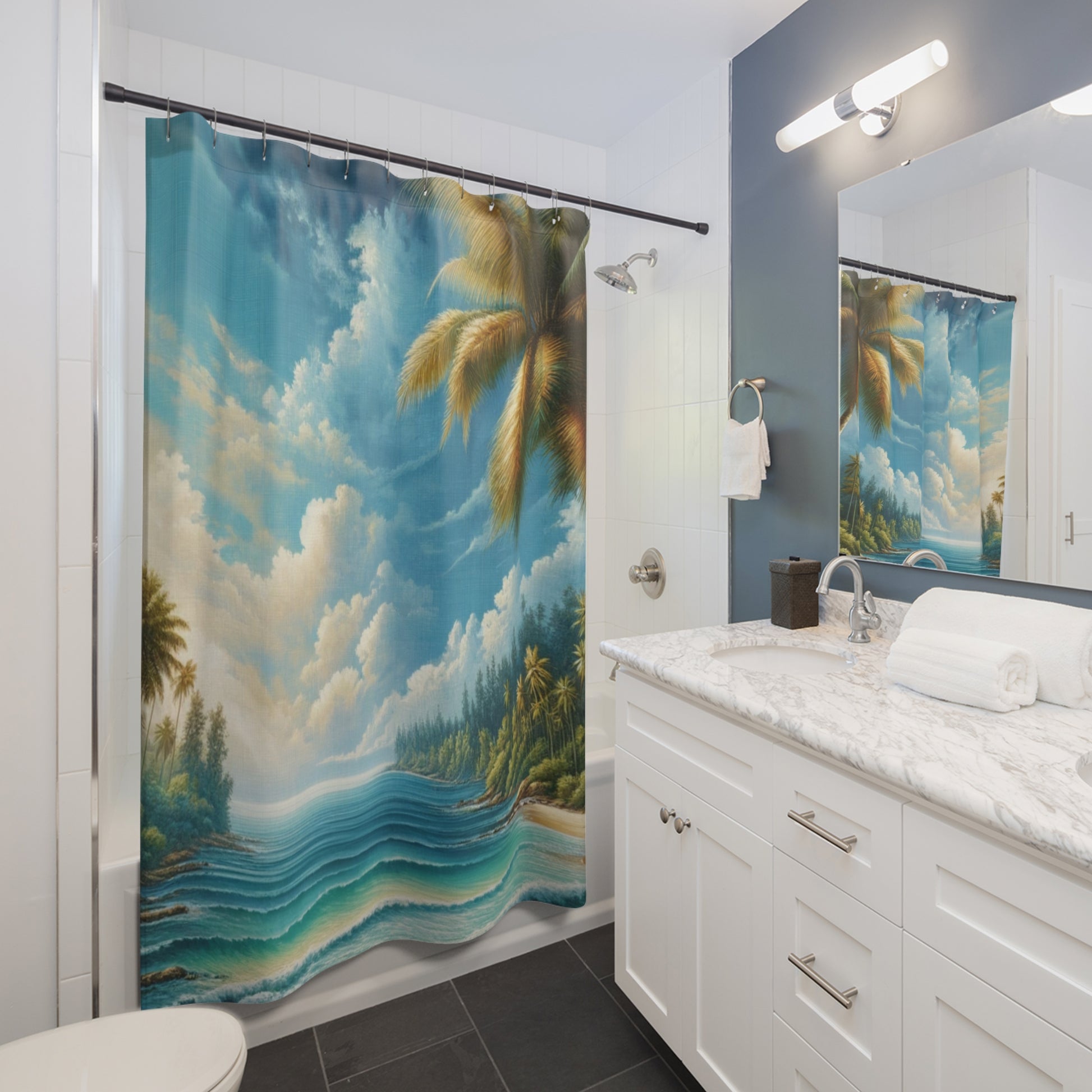 Tropical Paradise Beach Ocean View Shower Curtain Transform Your Bathroom into a Coastal Retreat Home Perfect Housewarming New House Gift Newlywed Wedding Gift.