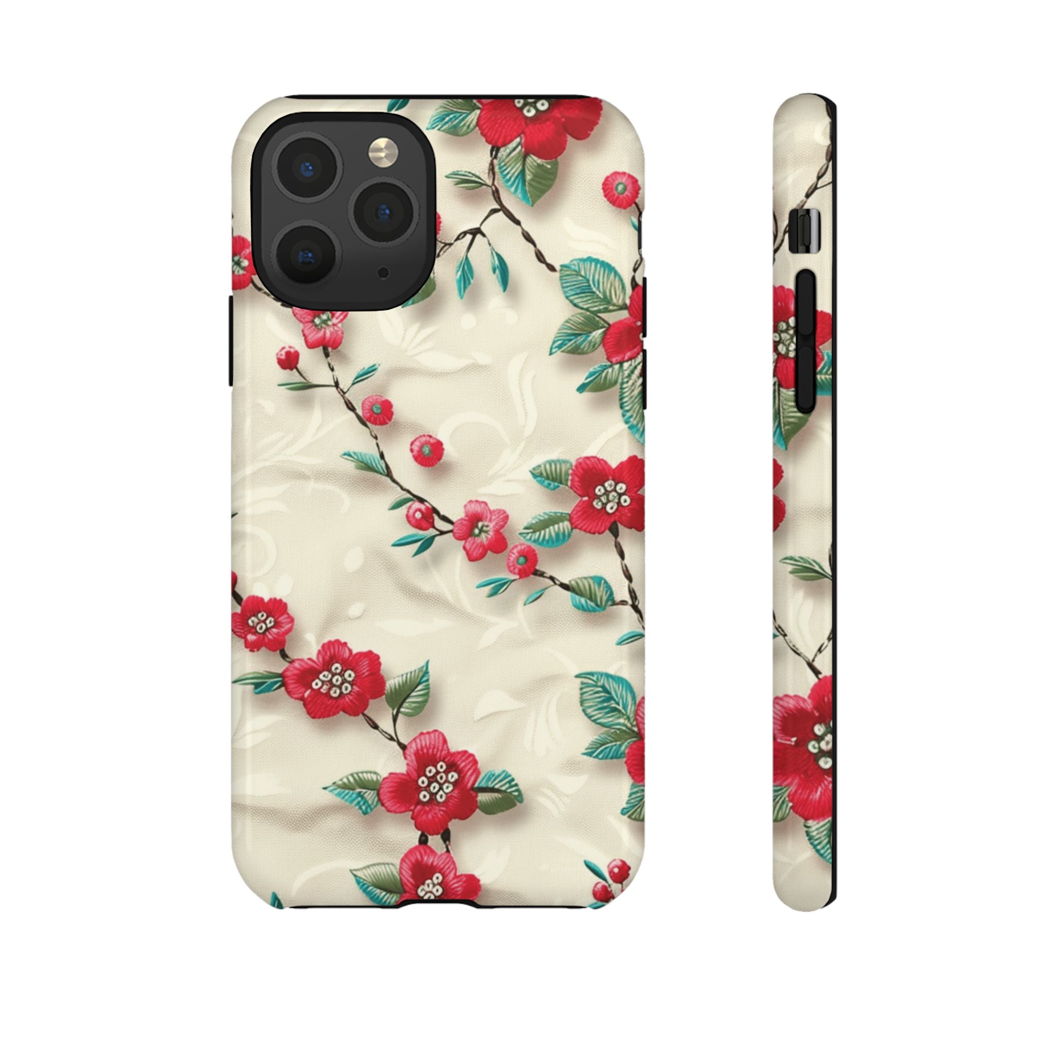 3D Embroidery Illusion Red Flowers Phone Case for iPhone, Samsung Pixel Artistic Floral Protection 15 14 13 12, 21 23 Gift for Her Perfect for Floral Lover