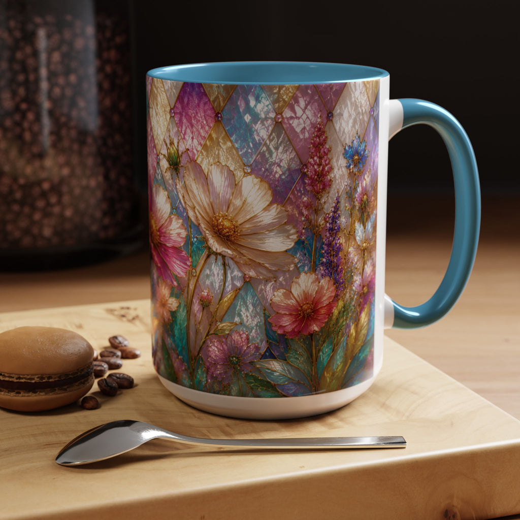 Floral Mosaic Accent Coffee Mug — Colorful Garden Flowers 11/15oz Stain Glass Illusion