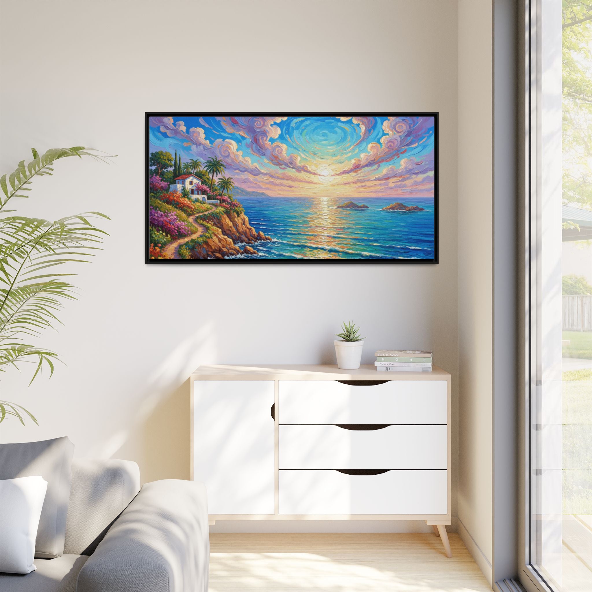 Toile imprimée florale océanique | Décoration murale colorée et lumineuse de paysage marin, œuvre d'art de bureau encadrée et mate