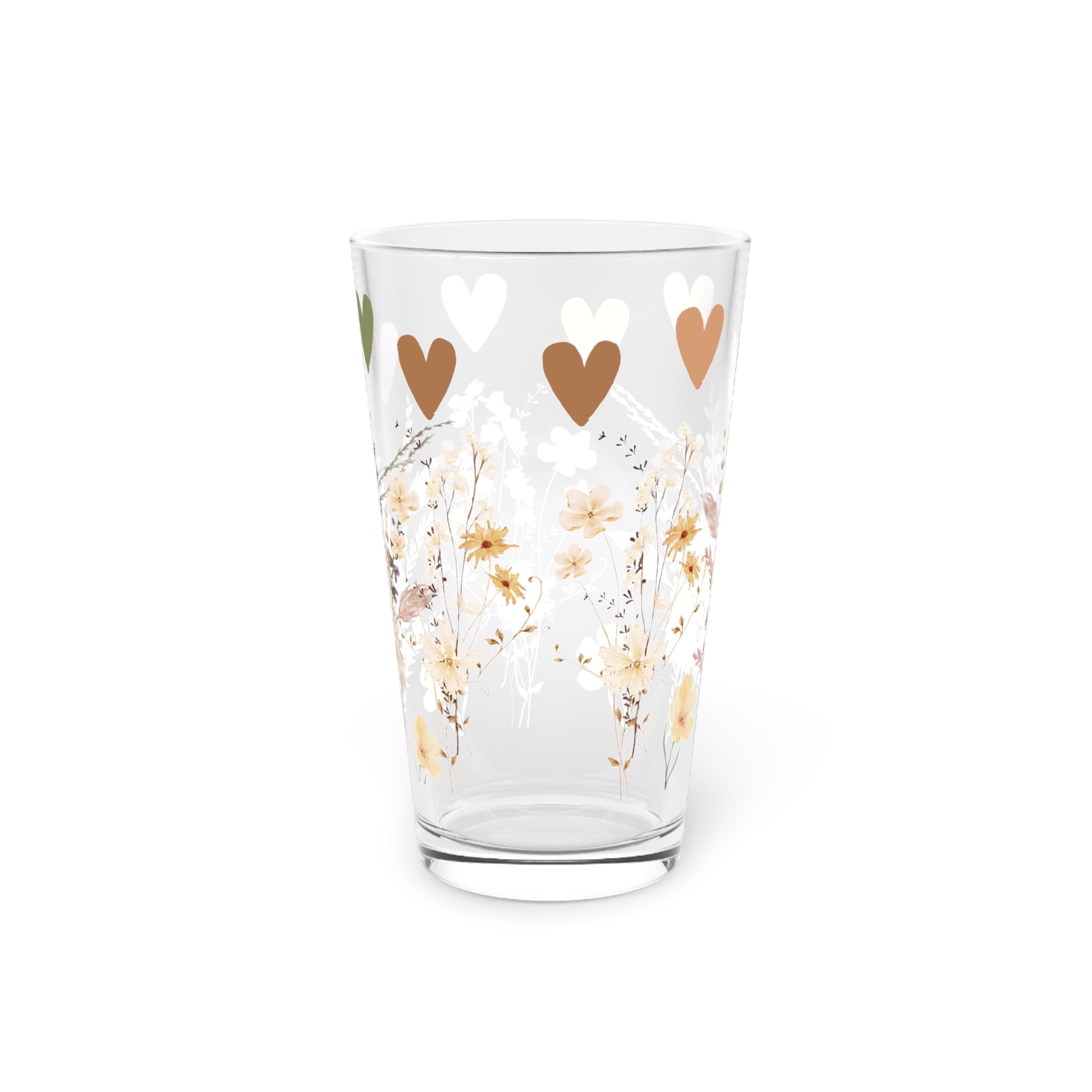 Boho Wildflowers & Hearts 16oz Pint Glass – Floral Aesthetic Glassware for Water, Juice & More | Stylish & Unique Gift for Nature & Boho Lovers