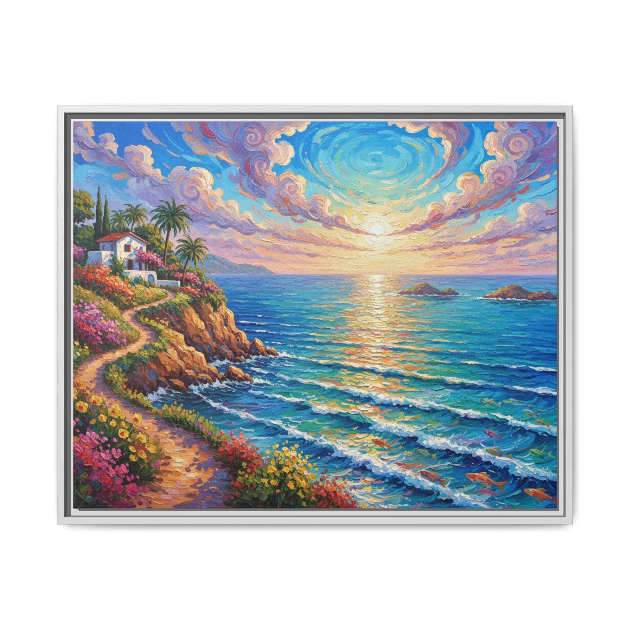 Ocean Floral Print Canvas | Bright Colorful Seascape Wall Art, Framed Matte Office Art Work