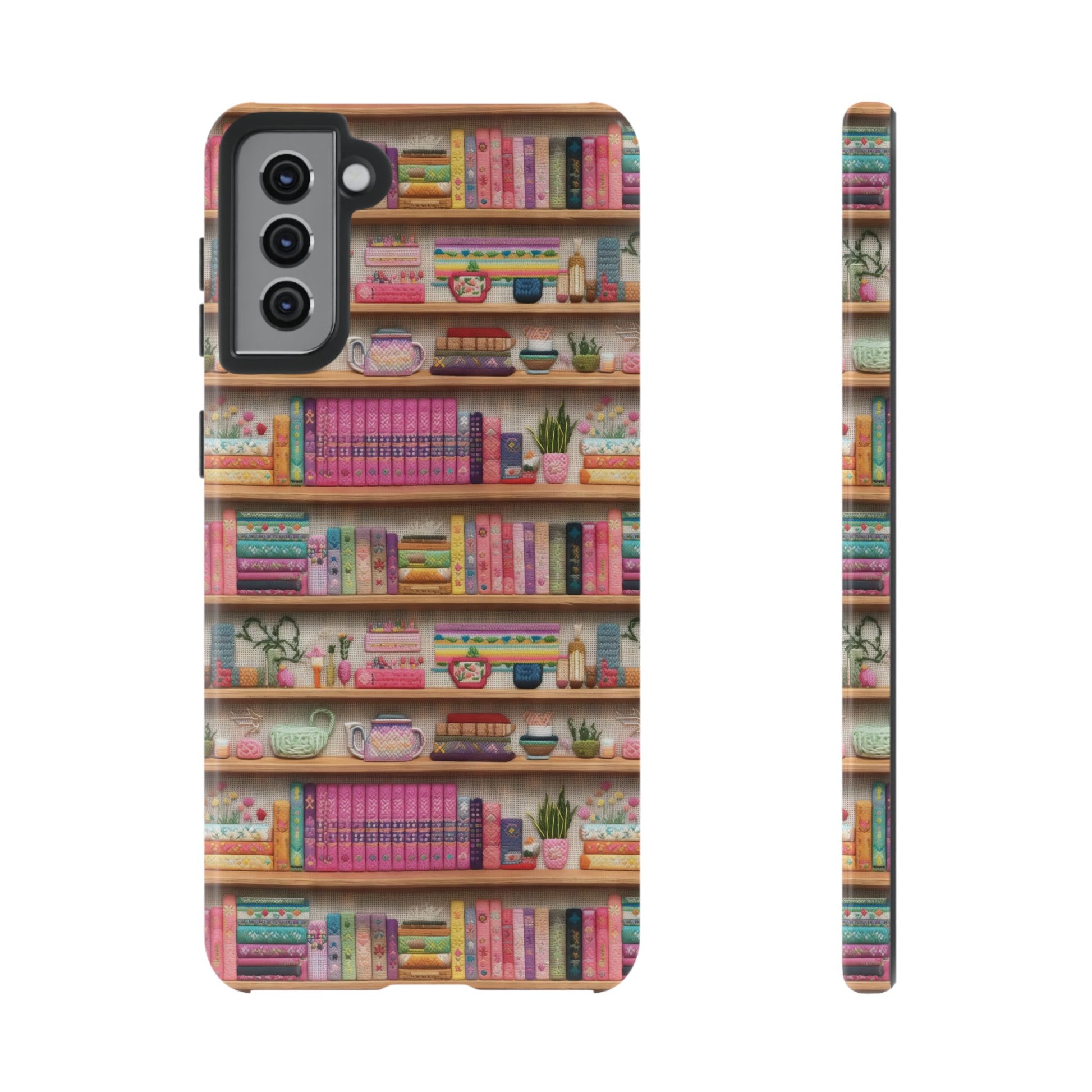 Whimsical 3D Embroidery Illusion Books on Pastel Shelves Phone Case for iPhone, Samsung & Pixel: Unique Accessory for Literary Enthusiasts Gift for Her Perfect for Floral Lover