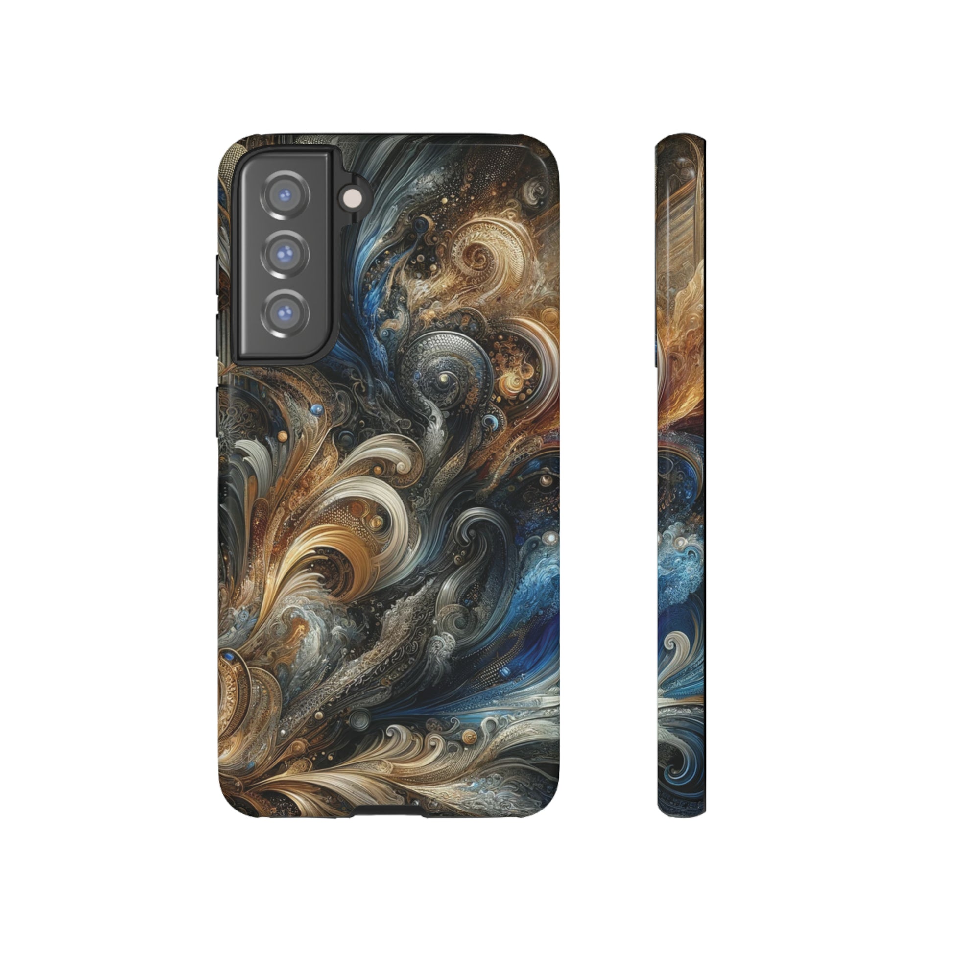 Gold and Navy Art Design Luxury Phone Tough Case Floral Elegant Durable Stylish for Modern Devices iPhone 15, Samsung iPhone Samsung Accessory Gift for Her.