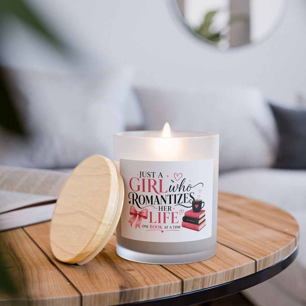 Romanticizes Her Life Candle — Frosted Glass 11oz ("Just a Girl Who Romanticizes her Life One Book at a Time")