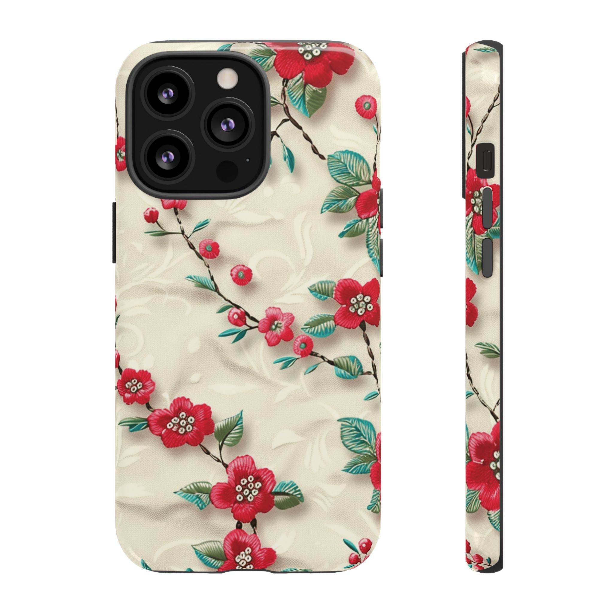 3D Embroidery Illusion Red Flowers Phone Case for iPhone, Samsung Pixel Artistic Floral Protection 15 14 13 12, 21 23 Gift for Her Perfect for Floral Lover