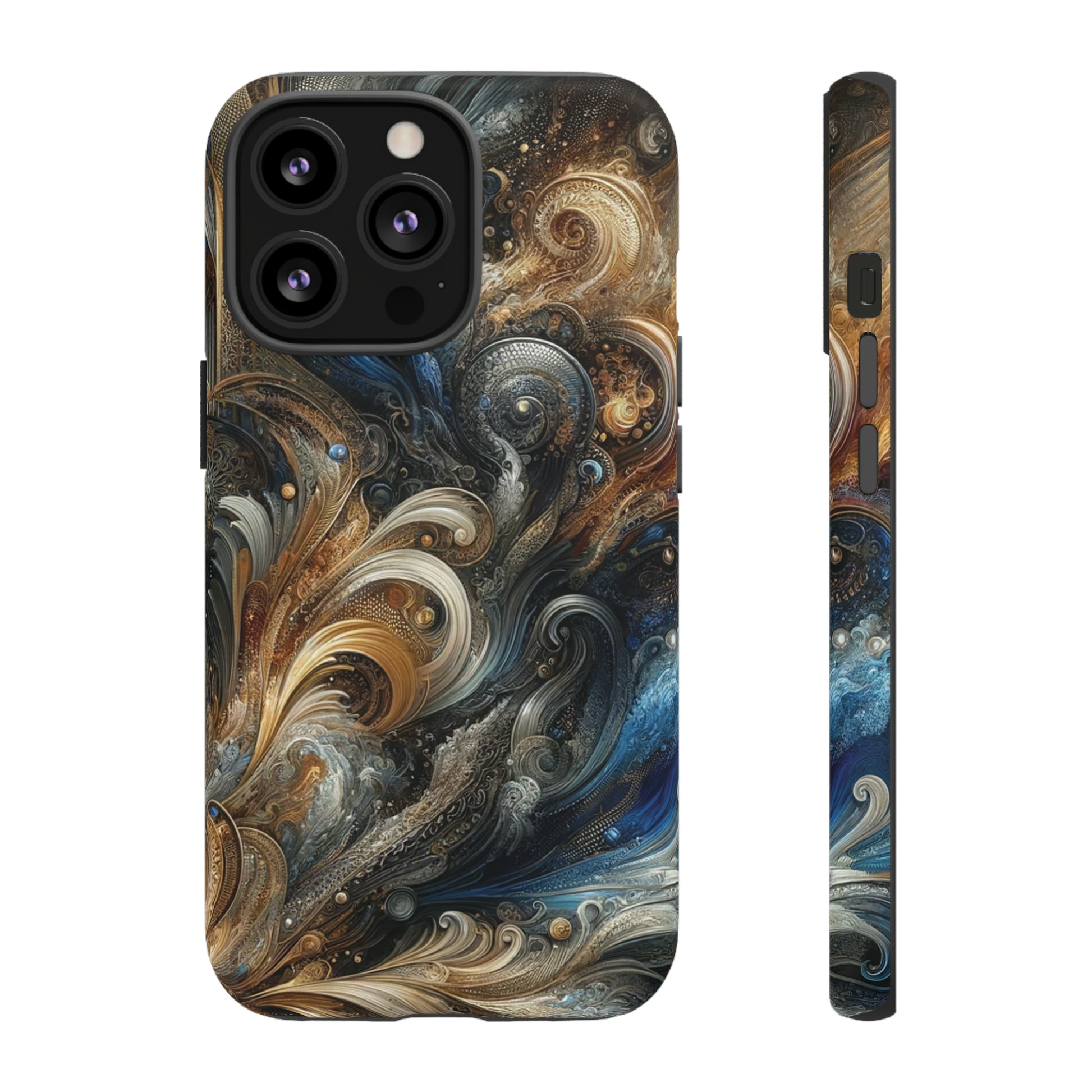 Gold and Navy Art Design Luxury Phone Tough Case Floral Elegant Durable Stylish for Modern Devices iPhone 15, Samsung iPhone Samsung Accessory Gift for Her.