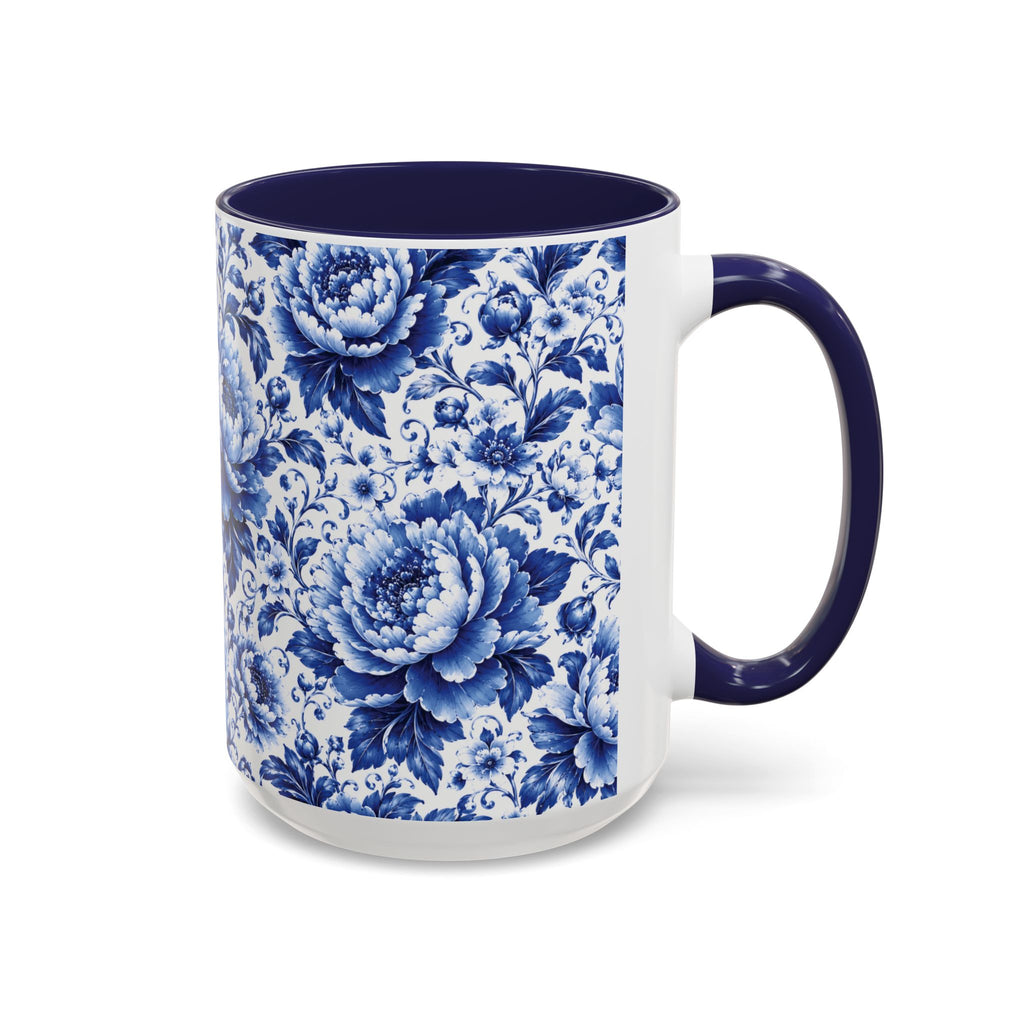 Blue Floral Ceramic Coffee Mug — Vintage Delft Peony Accent (11oz & 15oz) Blue & White Chinoiserie Tea Mug