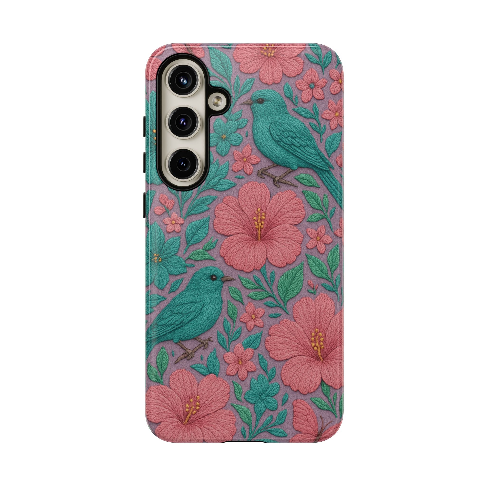 Turquoise, Pink and Lavender 3D Embroidery Illusion Phone Case Tropical Flowers, Birds & Butterflies Cover with Bold, Realistic Floral Texture iPhone, Samsung