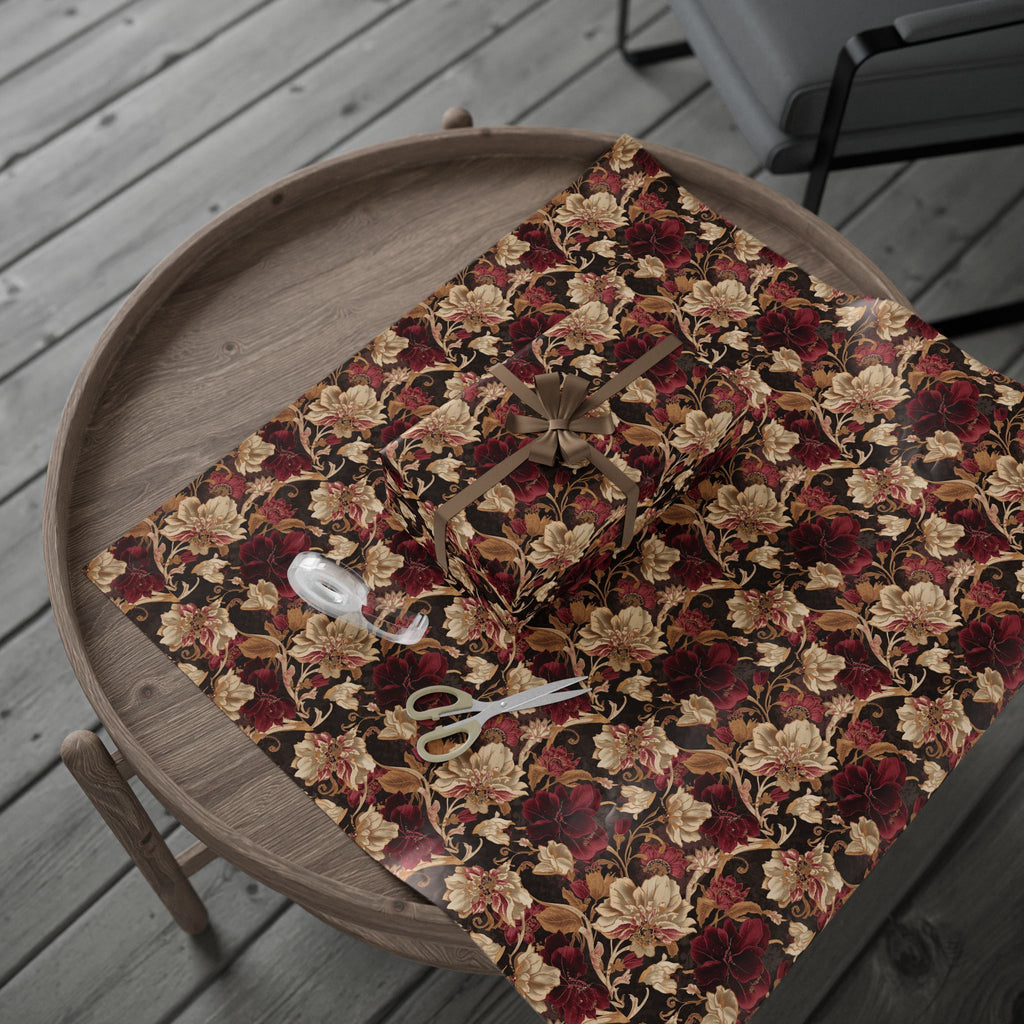 Floral Vintage Wrapping Paper - Burgundy & Gold Rose Wedding