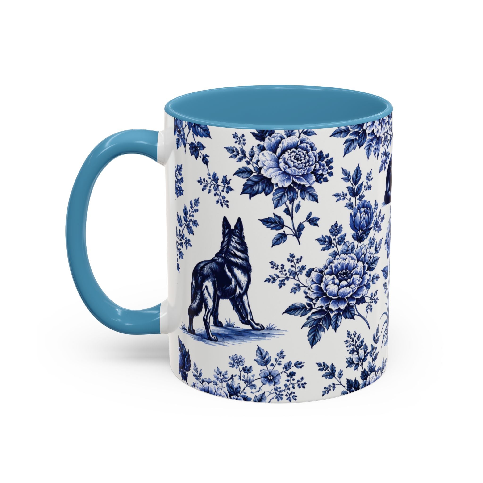 Elegant German Shepherd Floral Mug | Luxury Blue Toile Coffee Mug 11/15oz Accent Ceramic