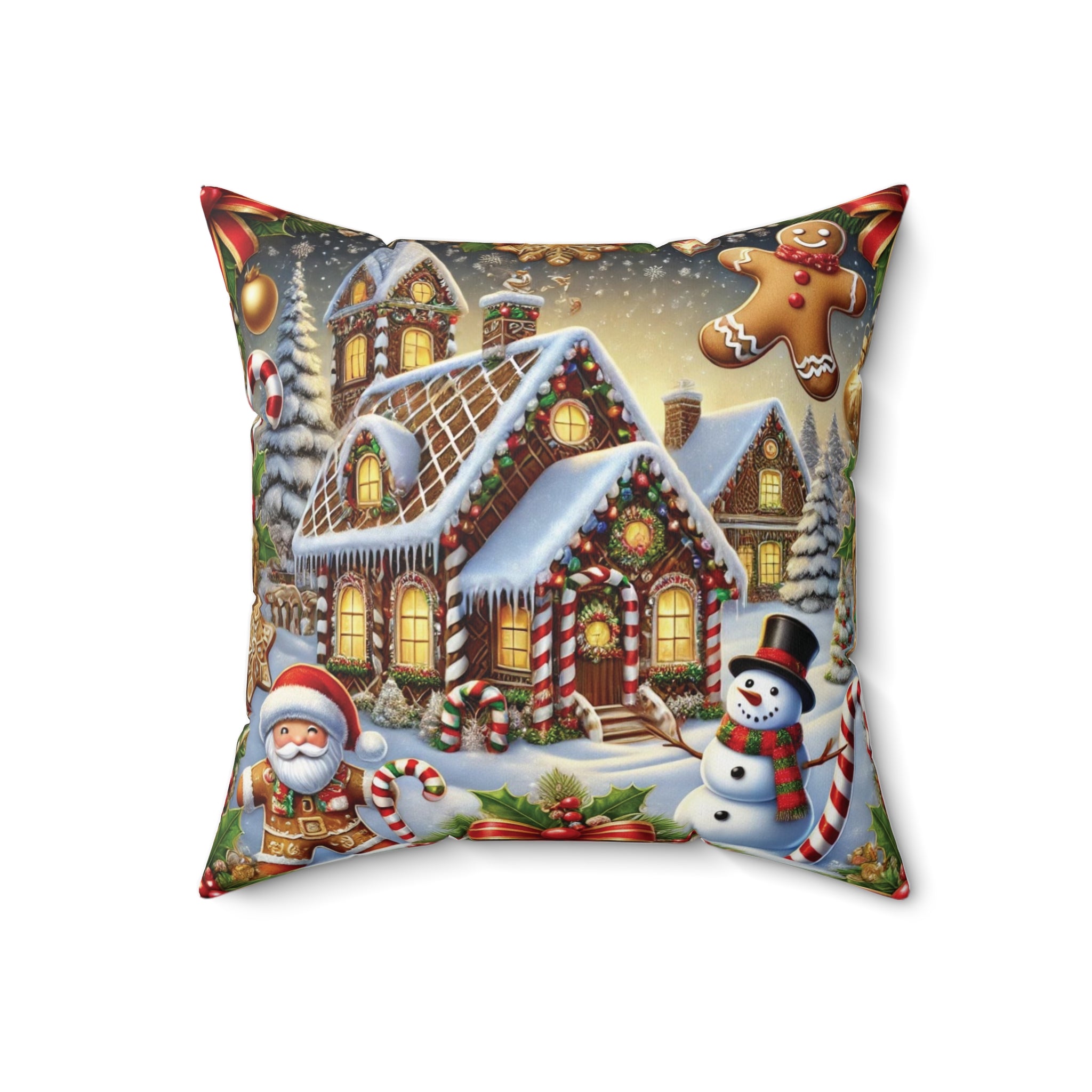 Holiday Throw Pillow - Gingerbread House, Snowman & Candy Cane Design, Festive Christmas Decor, Cozy Accent for Living Room or Bedroom - MRSBYVALLE