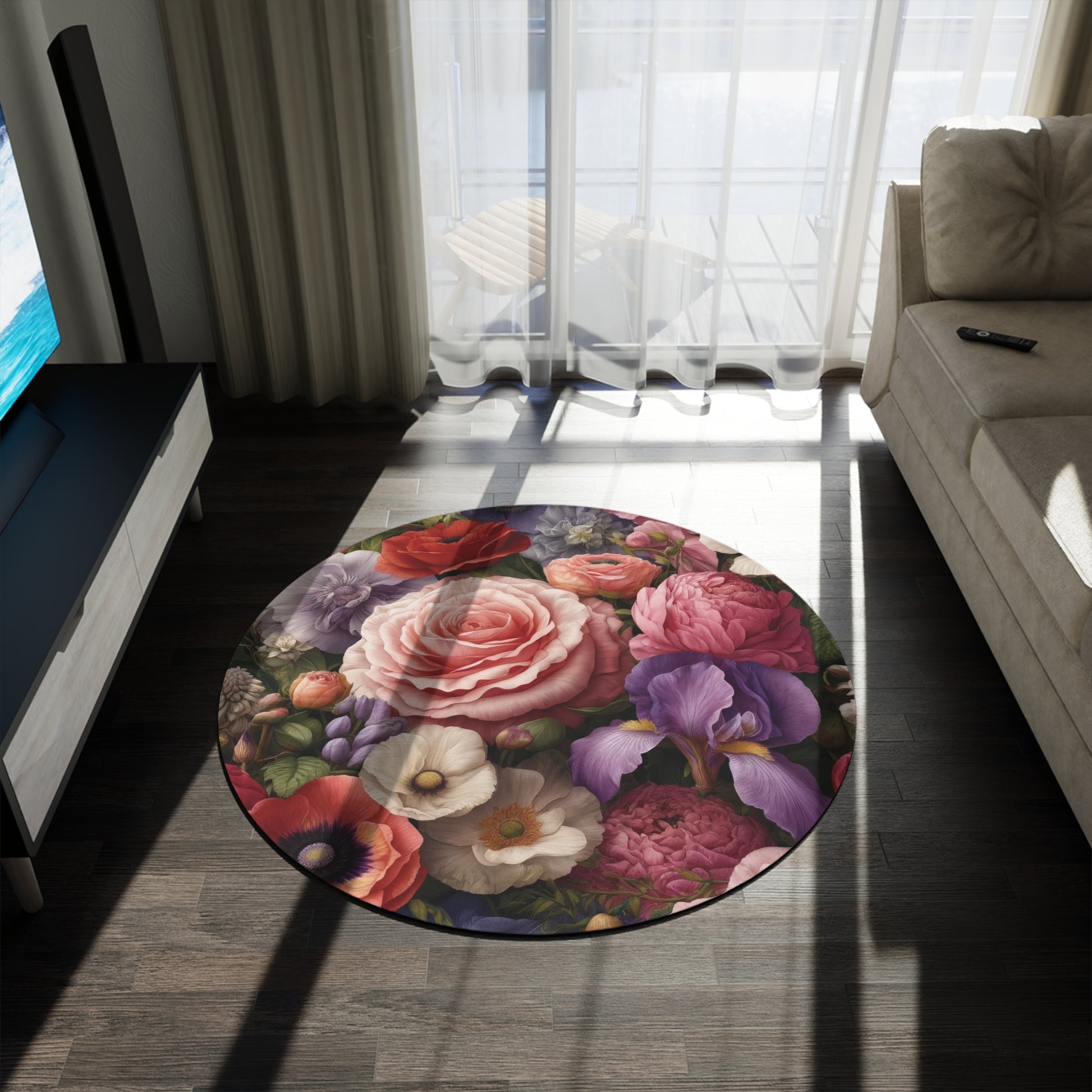 Elegant Floral Symphony Round Rug Ideal for Bedrooms, Hallways, and Home Offices Featuring Luxurious Rose, Peony, Sweet Pea, Poppy, and Clematis Designinterior Designer Livingroom.