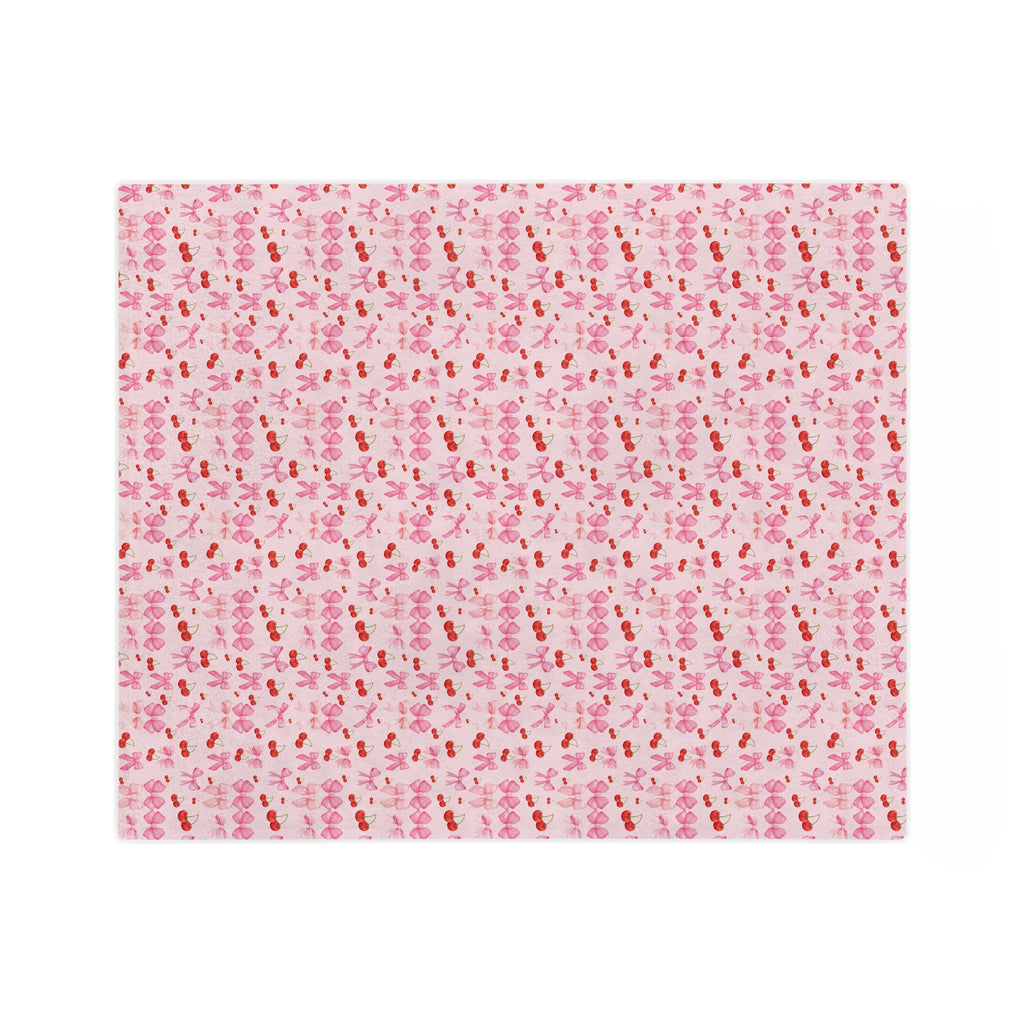 Minky Blanket Coquette Cherry Ribbon Bows Design in Luxurious 100% Polyester Cozy Comfort Throw Ultra-Soft Microfiber Comfort Blanket, Perfect for Snuggling Decor, Cozy All-Season Warmth, Comfort Housewarming Gift Throw.