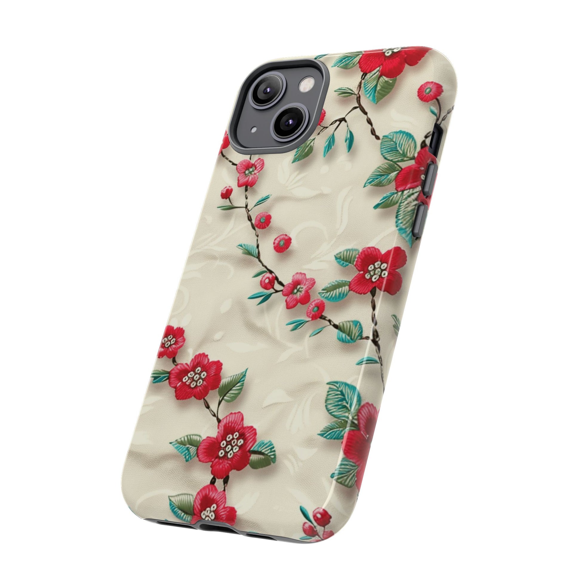3D Embroidery Illusion Red Flowers Phone Case for iPhone, Samsung Pixel Artistic Floral Protection 15 14 13 12, 21 23 Gift for Her Perfect for Floral Lover