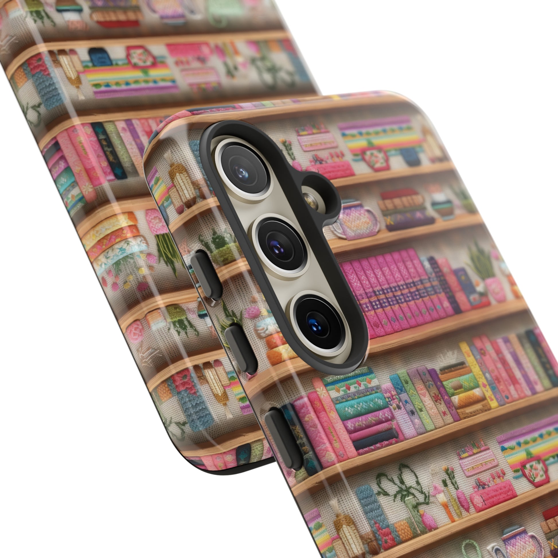 Phone Case 3D Illusion Books & Shelf Embroidery Design with Vibrant Colors Gift for Her Phone 15, Samsung iPhone Samsung Gift for Her Case iPhone 15, Samsung iPhone Samsung Accessory Gift for Her.
