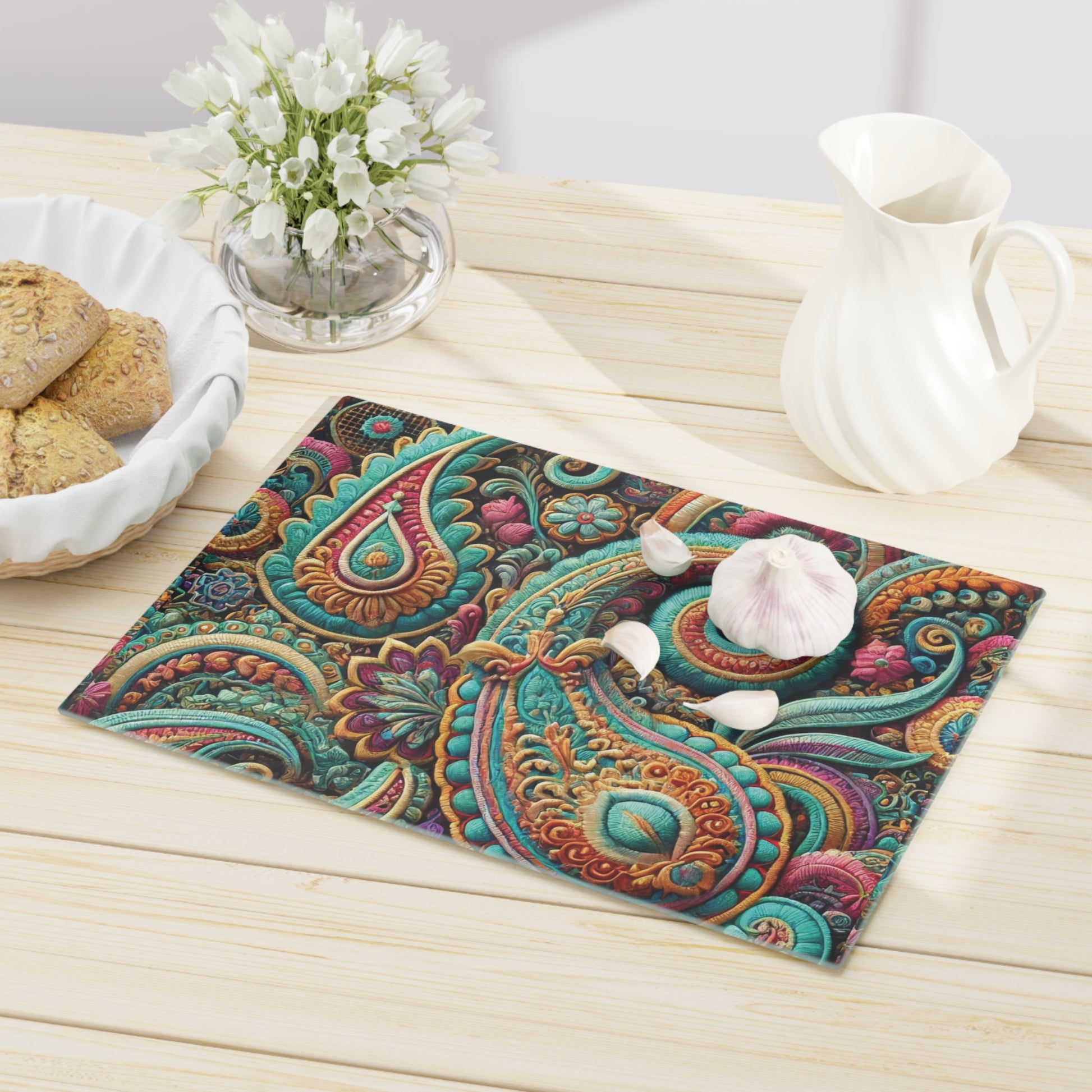 Paisley Boho Floral Tempered Glass Cutting Board | Durable and Heat-Resistant | Non-Slip Feet for Stability | Scratch-Resistant Surface | Stylish Kitchen Decor & Gift