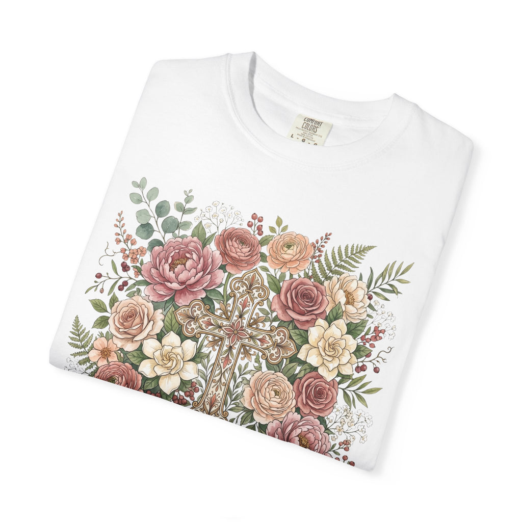 He Is Risen Floral Cross T-Shirt Christian Gift