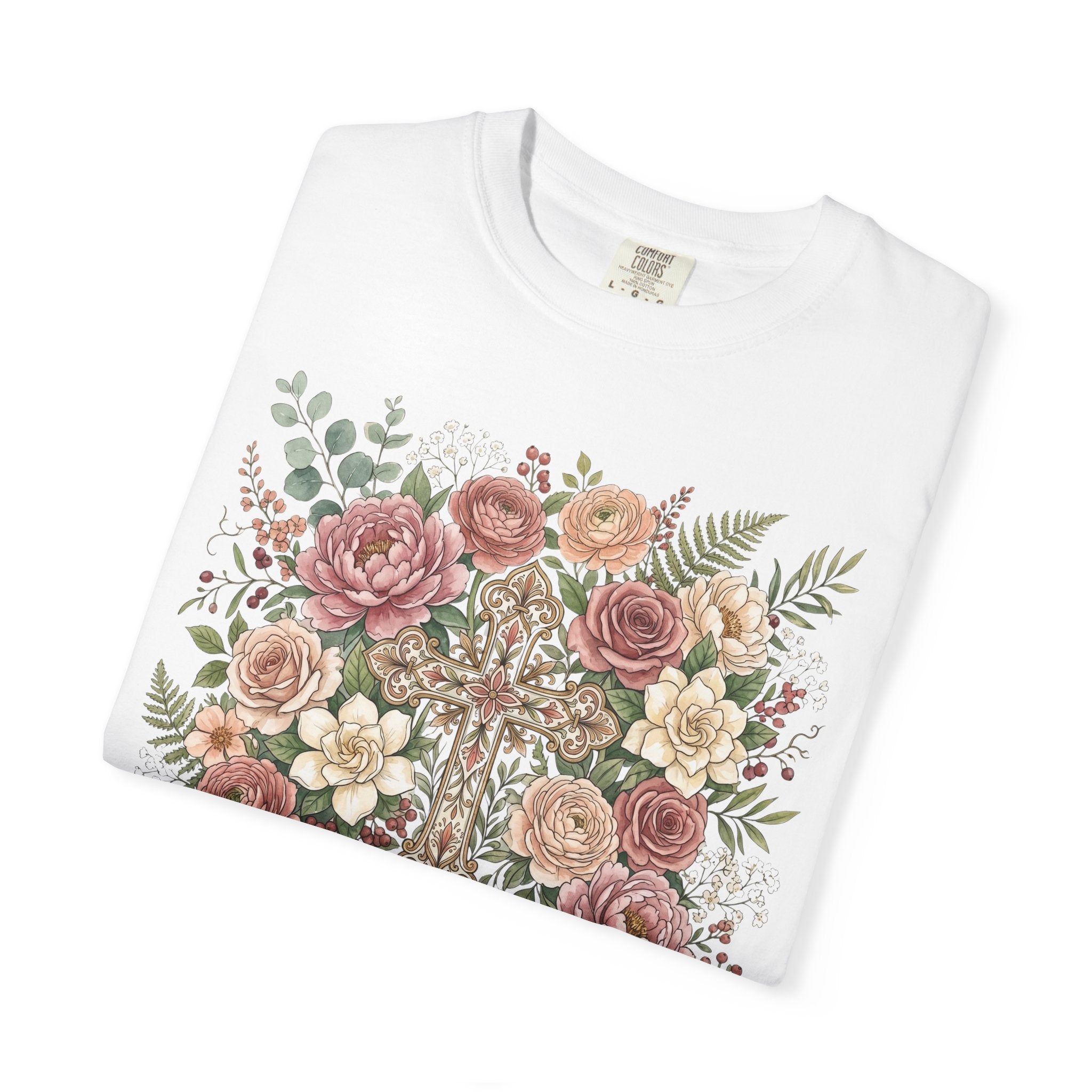 He Is Risen Floral Cross T-Shirt Christian Gift