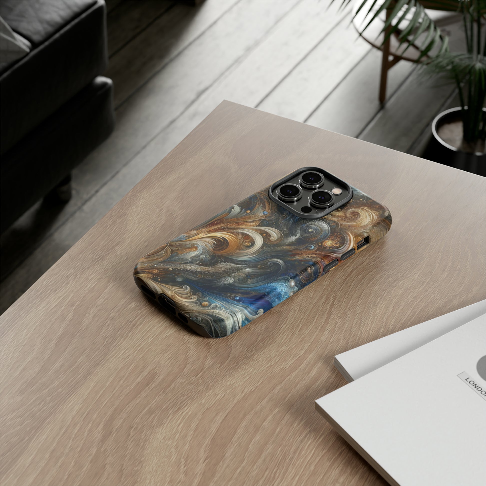 Gold and Navy Art Design Luxury Phone Tough Case Floral Elegant Durable Stylish for Modern Devices iPhone 15, Samsung iPhone Samsung Accessory Gift for Her.