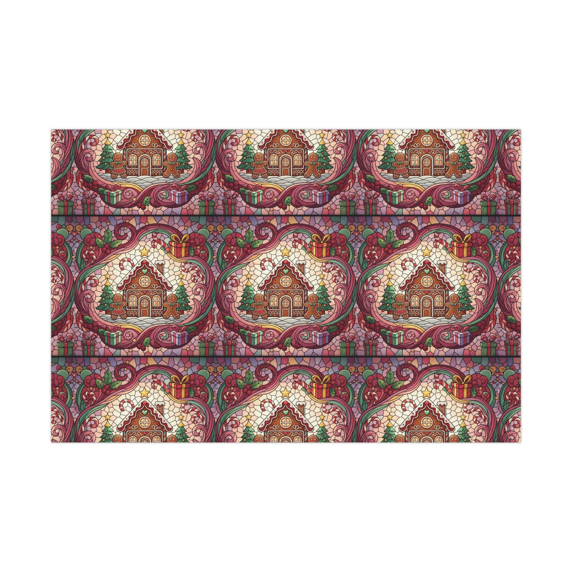 Stained Glass Gift Wrap Papers, Gingerbread House and Family Design - Wrapping Sheets, Festive Holiday Craft Supplies, Christmas Decoration
