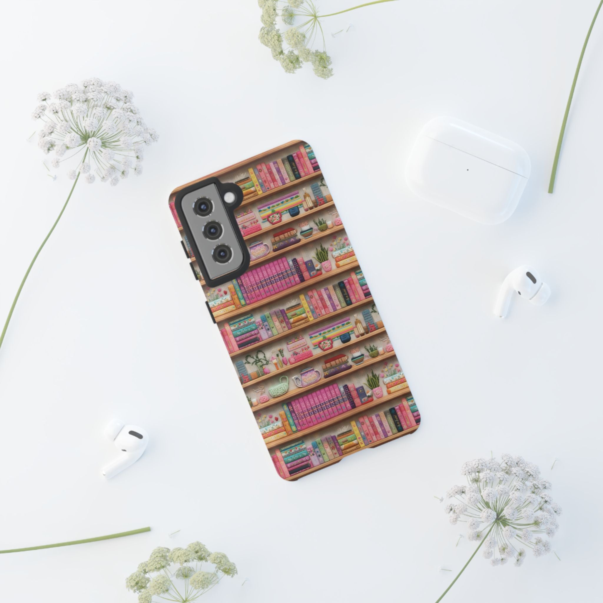 Whimsical 3D Embroidery Illusion Books on Pastel Shelves Phone Case for iPhone, Samsung & Pixel: Unique Accessory for Literary Enthusiasts Gift for Her Perfect for Floral Lover