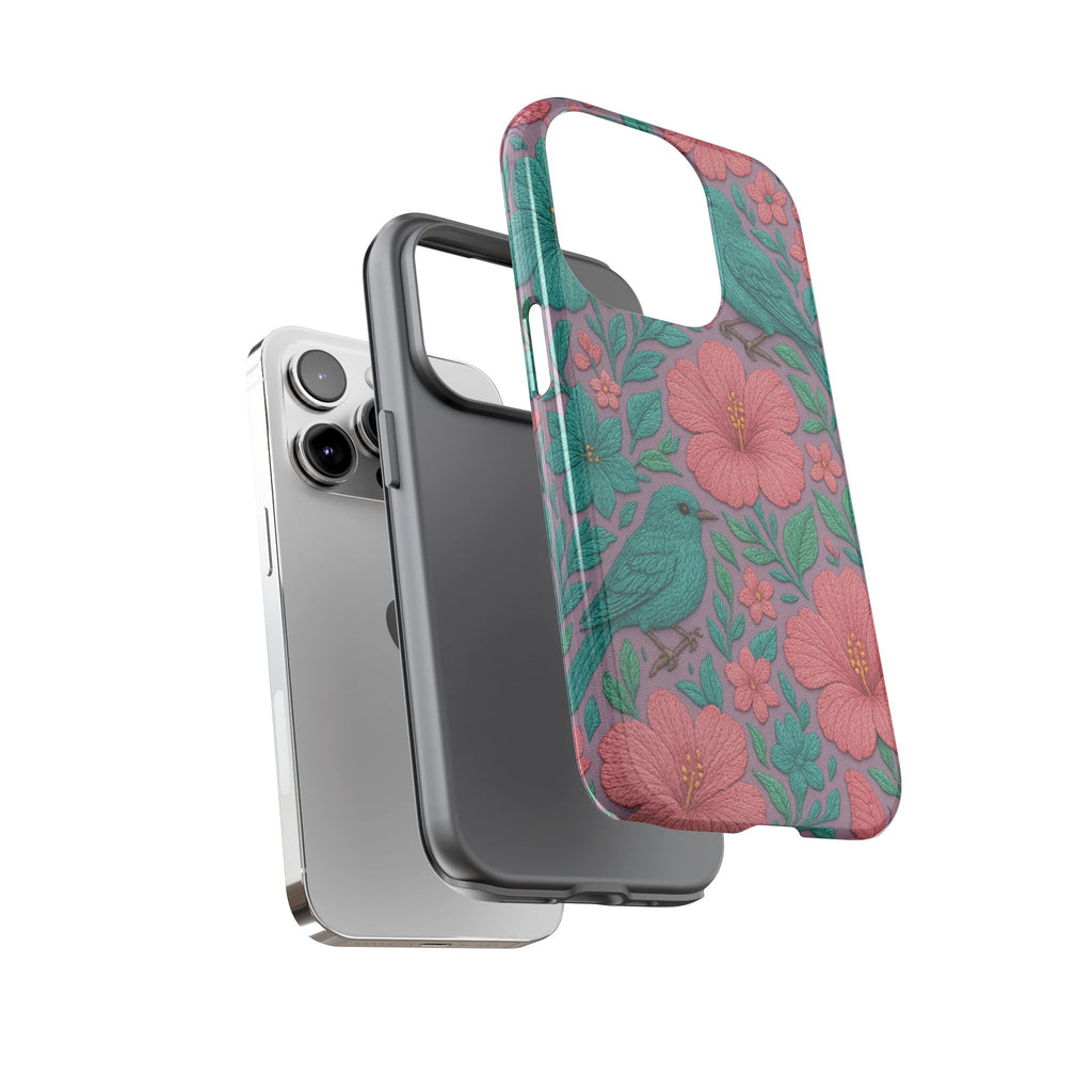 Turquoise, Pink and Lavender 3D Embroidery Illusion Phone Case Tropical Flowers, Birds & Butterflies Cover with Bold, Realistic Floral Texture iPhone, Samsung