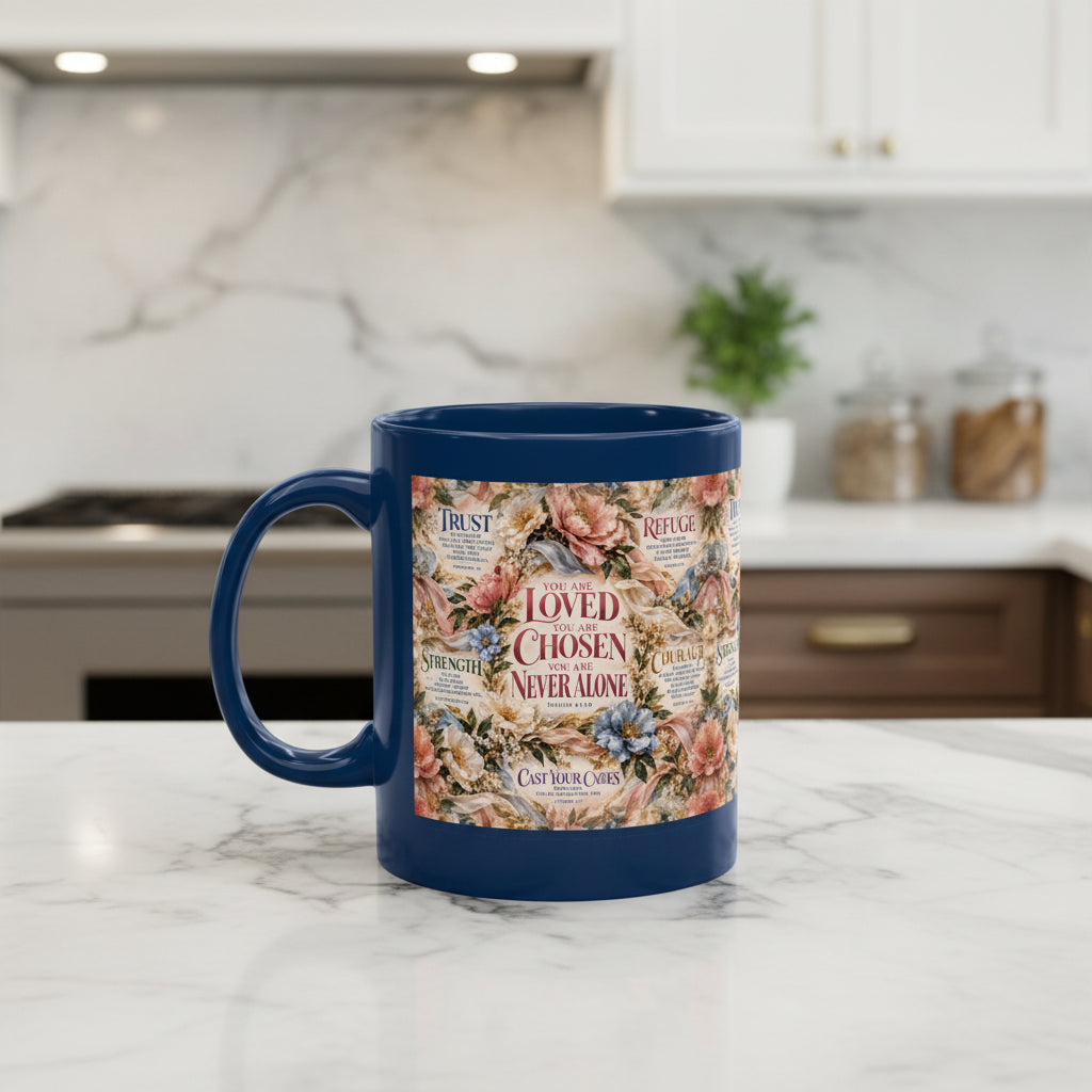 A navy blue ceramic mug with a floral and text-based print on the front, featuring phrases like 'Trusted', 'Loved and Chosen', and 'Never Alone' surrounded by pink and blue flowers, shown on a white background.