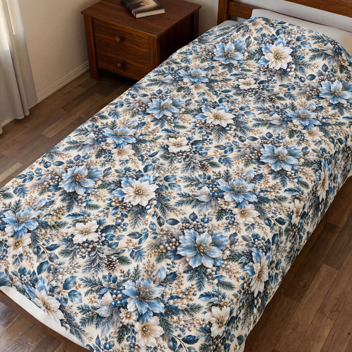 Icy Blue Floral Velveteen Plush Throw Blanket