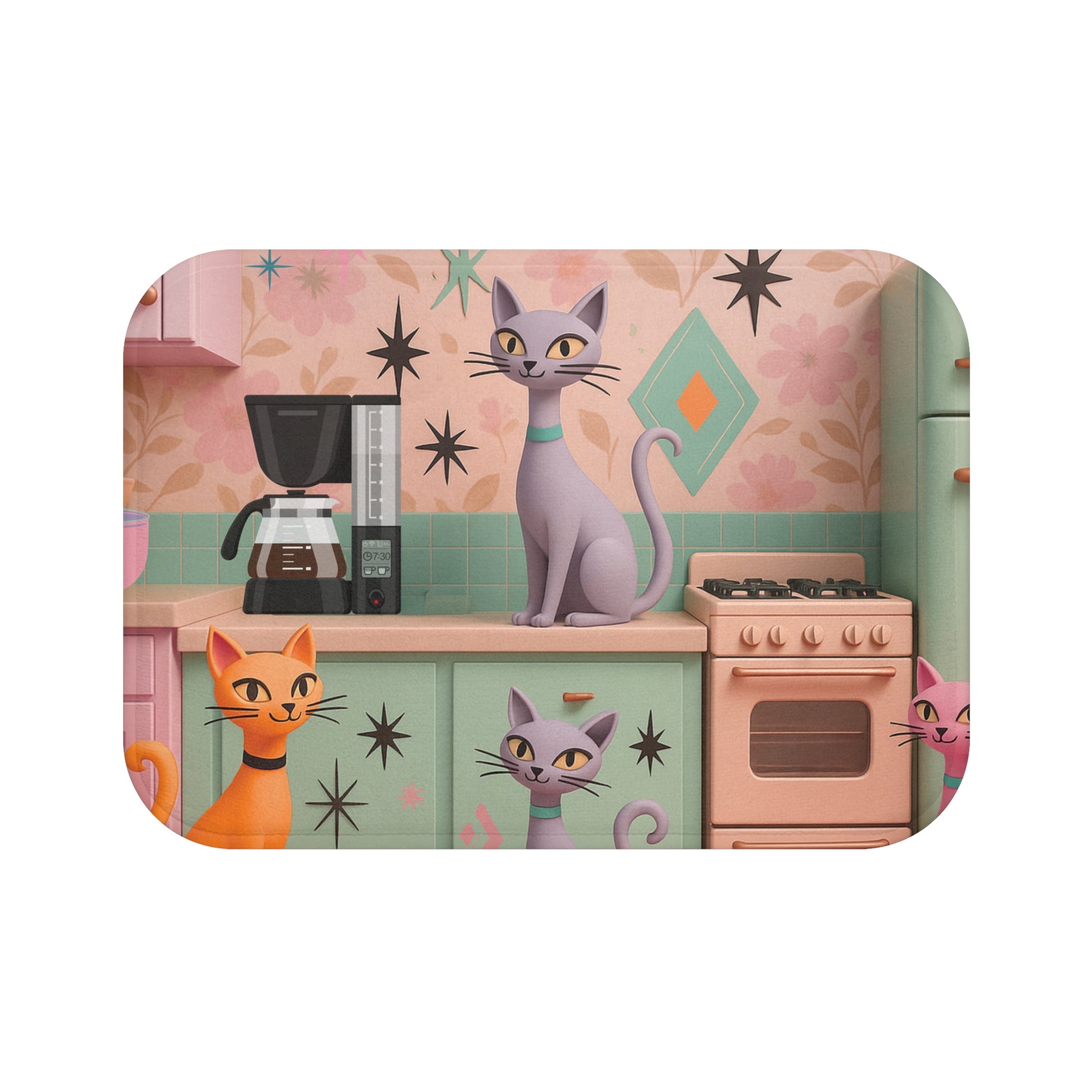 Atomic Cat Mid Century Modern Bath Mat | Retro 1950s Space Age Bathroom Decor | Funky Vintage Starburst Style for Cat Lovers & Retro HomesUpgrade Comfort Home