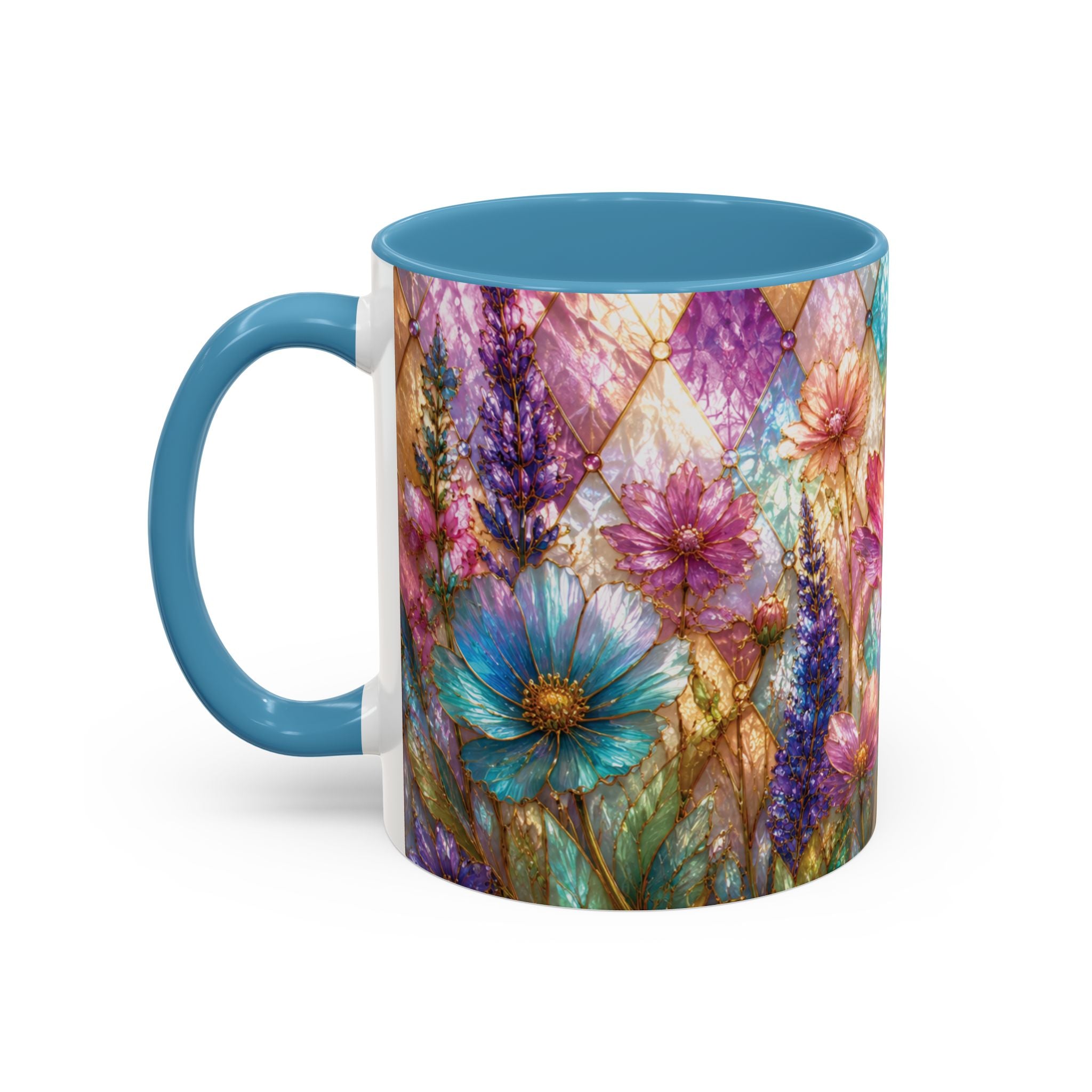 Floral Mosaic Accent Coffee Mug — Colorful Garden Flowers 11/15oz Stain Glass Illusion