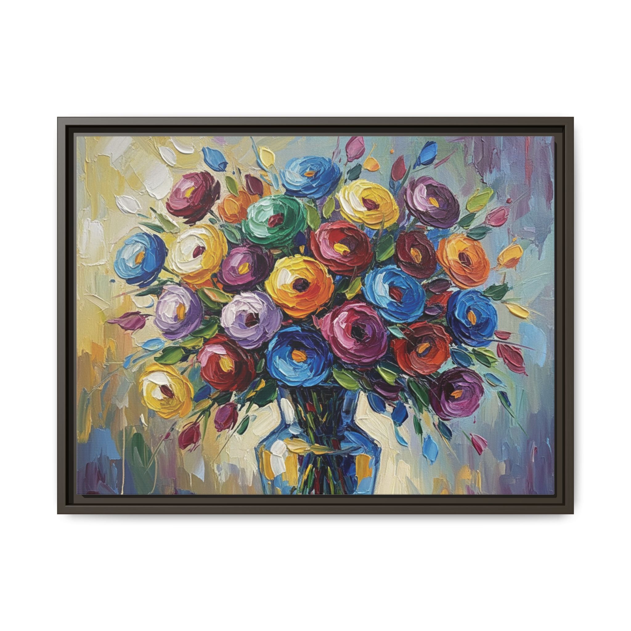 Impression sur toile bouquet floral aquarelle - Tableau mural encadré mat - Illusion de peinture à l'huile vibrante