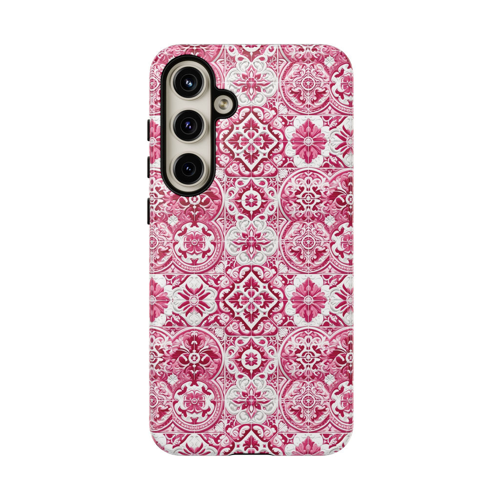 Pink and White Mediterranean Tile Design Phone Case - Stylish, Protective Cover for All Models Gift for Mom Accessory Gift for Her