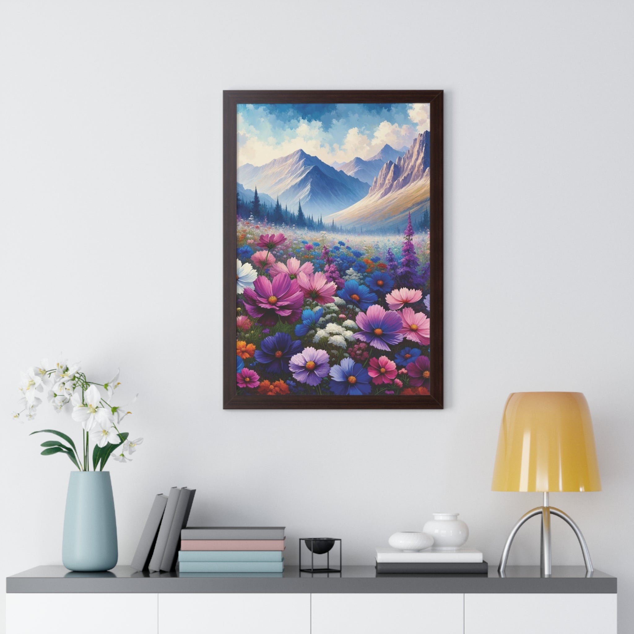 Wall Art Beautiful Wildflowers and Mountains Wildflower Art Watercolor Floral Framed Canvas Print Wall Art  Classic Encased in Black, White, or Walnut Frames with Durable Acrylic Protection Ready to Hang  Timelessly Crafted..