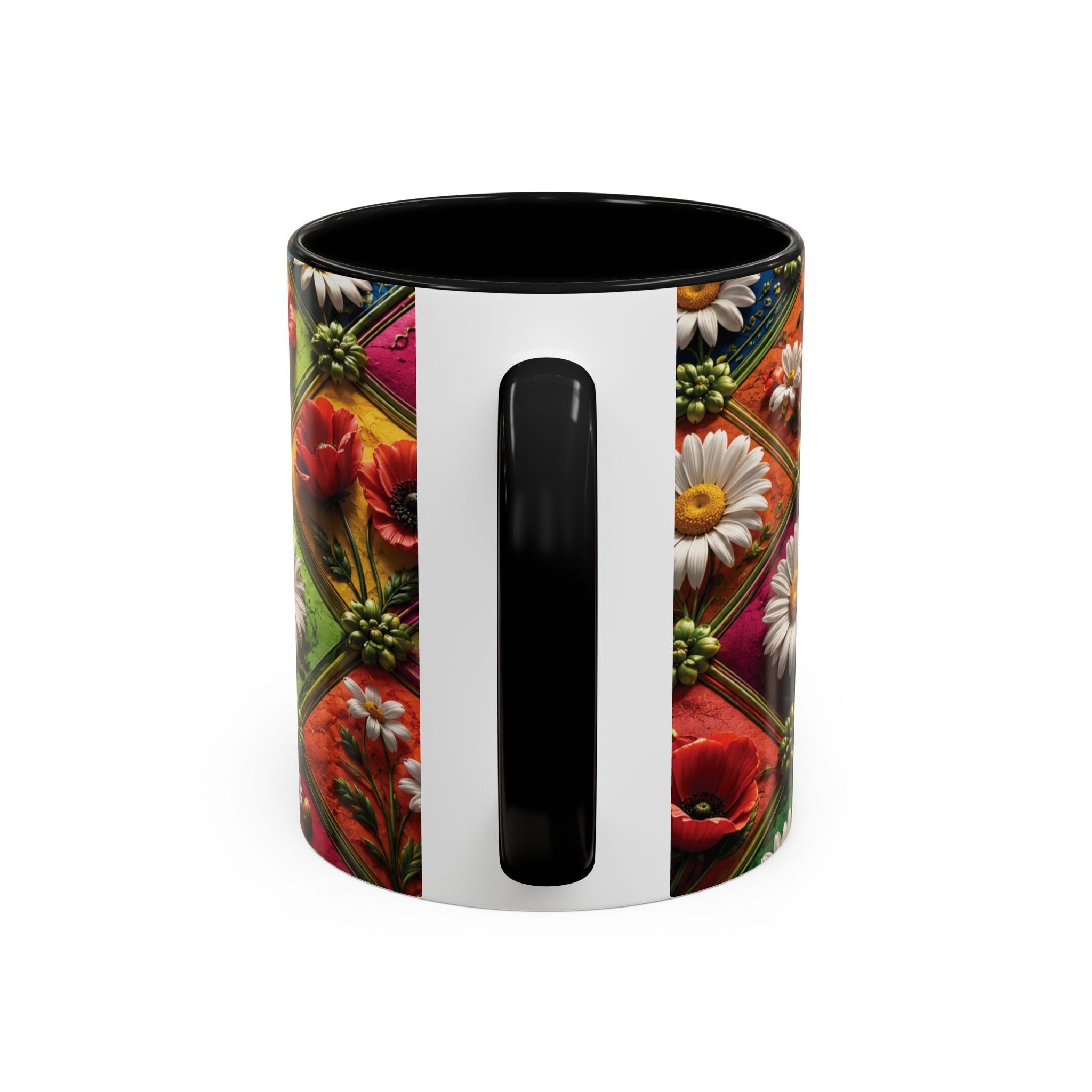 Floral Patchwork Accent Coffee Mug — Colorful Poppies & Daisies (11/15oz) 3D Illusion