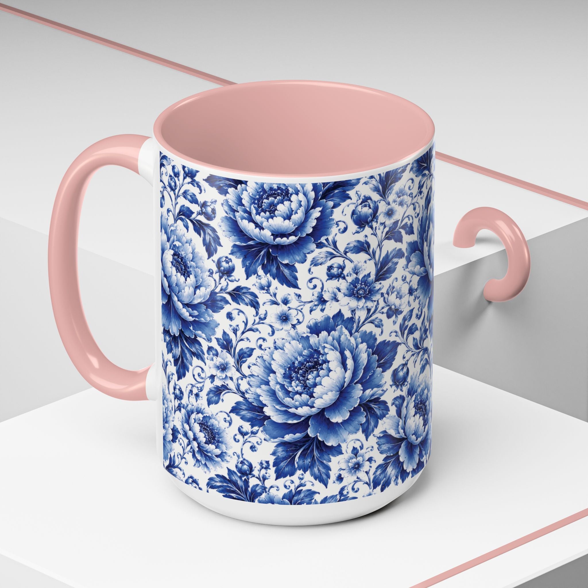 Blue Floral Ceramic Coffee Mug — Vintage Delft Peony Accent (11oz & 15oz) Blue & White Chinoiserie Tea Mug