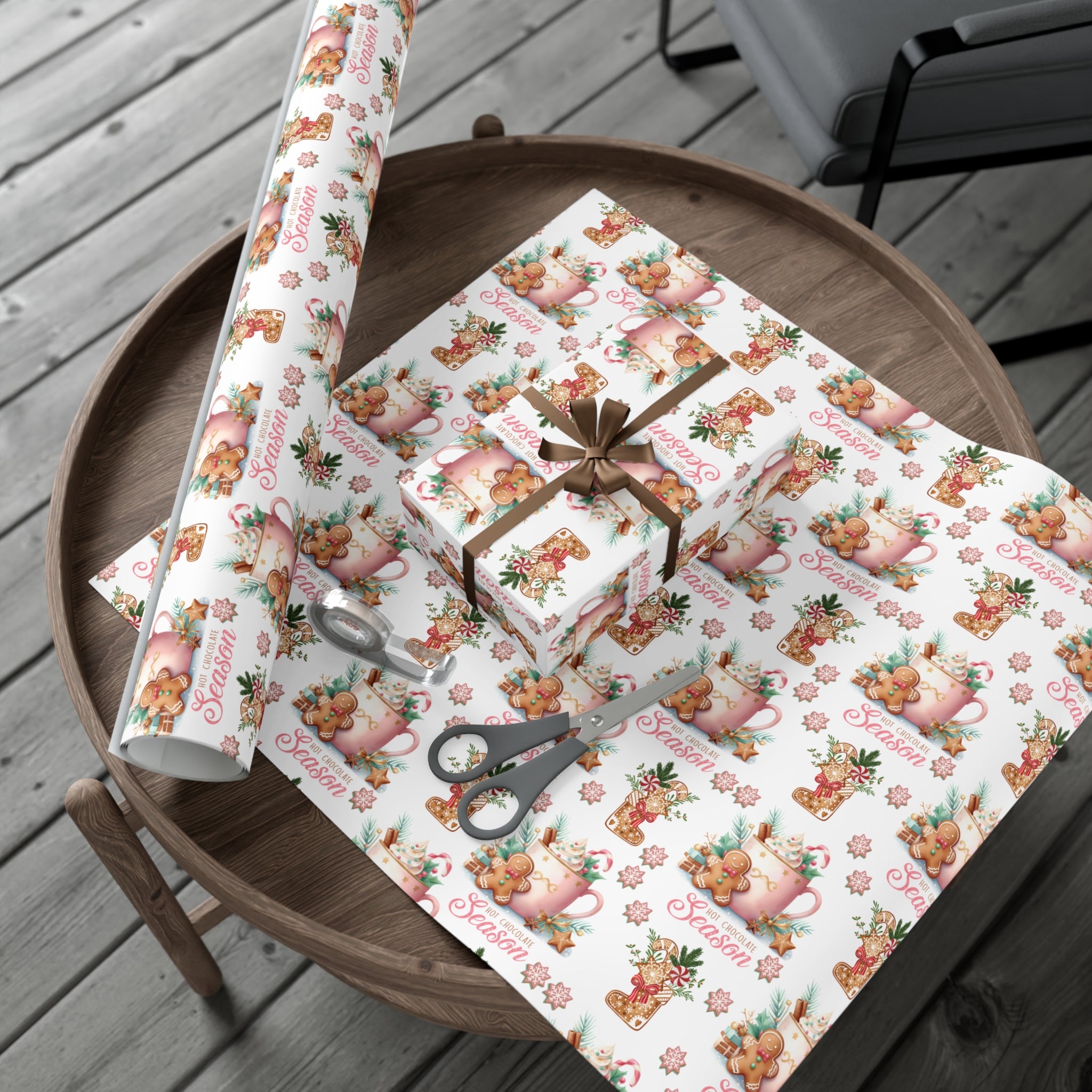 Enchanting Gingerbread with Hot Chocolate Season Pink Wrapping Paper | Festive & Cozy Holiday Gift Wrap | Perfect for Christmas Presents, Seasonal Celebrations, and Winter Wonderland Themes Christmas - MRSBYVALLE