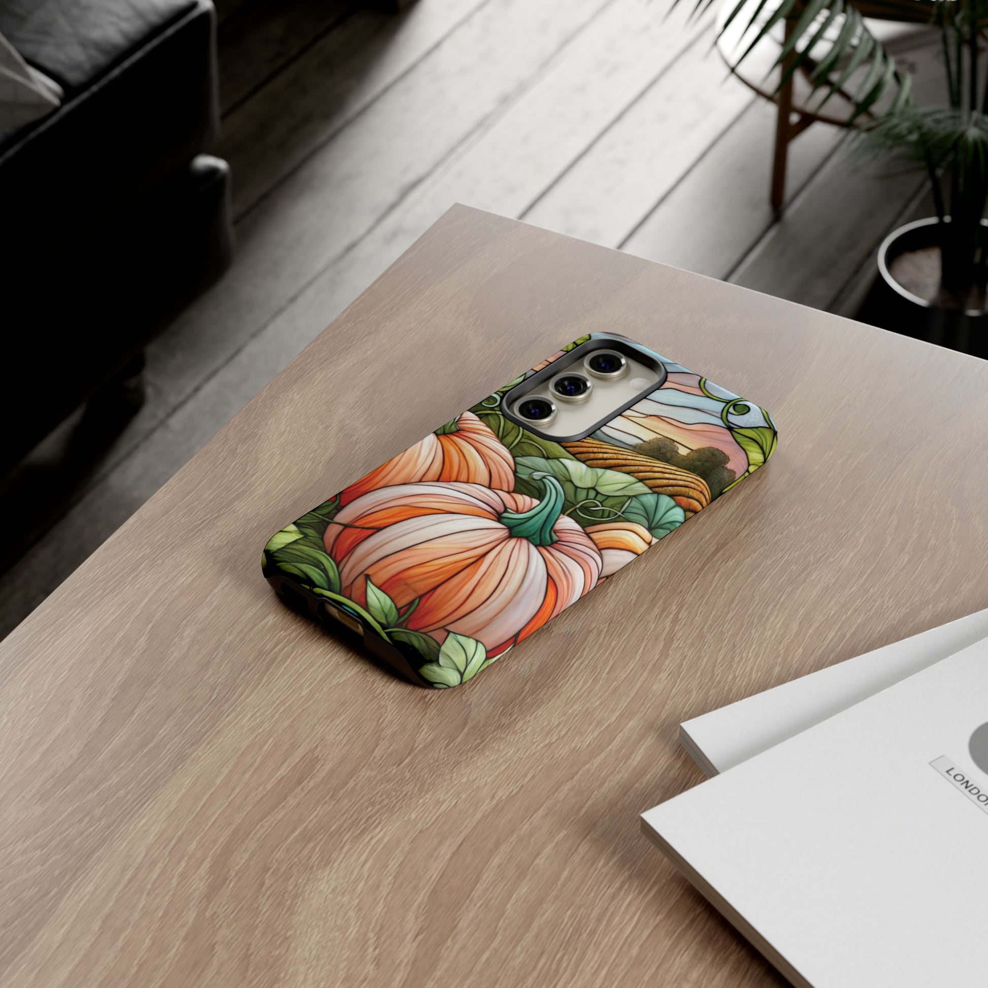 Pumpkins Phone Case Fall Faux Stained-Glass Thanksgiving Cover Pumpkin Lovers Gift for Galaxy S 24 23 22 21 Pixel 5 6 7 8 iPhone 17 , 16 15 14 13 12 Samsung iPhone Samsung Gift for Her
