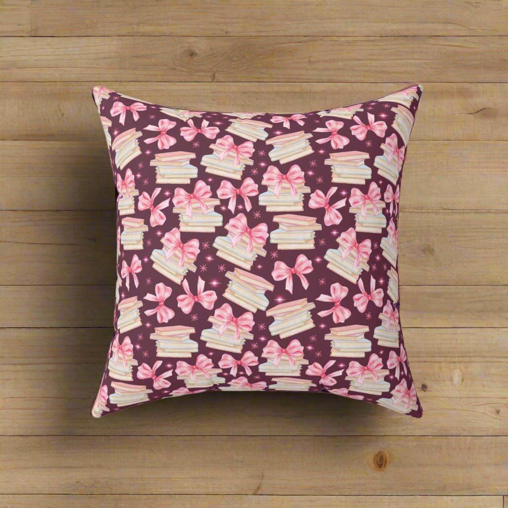 Boho Elegant Coquette Pink Bows & Books Square Pillow Vibrant Floral Design Soft and Stylish Decorative Throw Pillow for Boho-Inspired Home Décor Bridal Shower