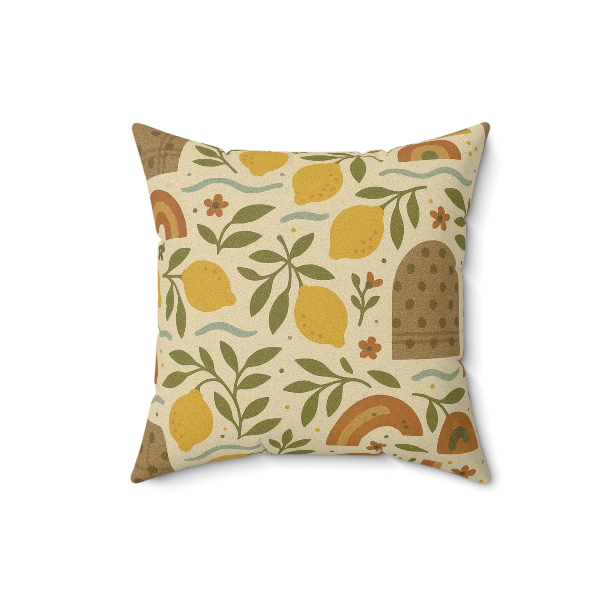 Boho Lemon Square Pillow  Decorative Throw Pillow with Yellow Lemons, Olive Branches & Floral Accents, Cozy Polyester Cover, Double-Sided Print, Zippered Bedroom, or Reading Nook