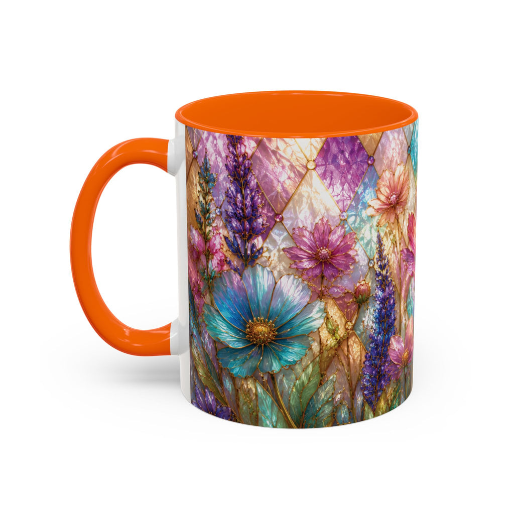 Floral Mosaic Accent Coffee Mug — Colorful Garden Flowers 11/15oz Stain Glass Illusion